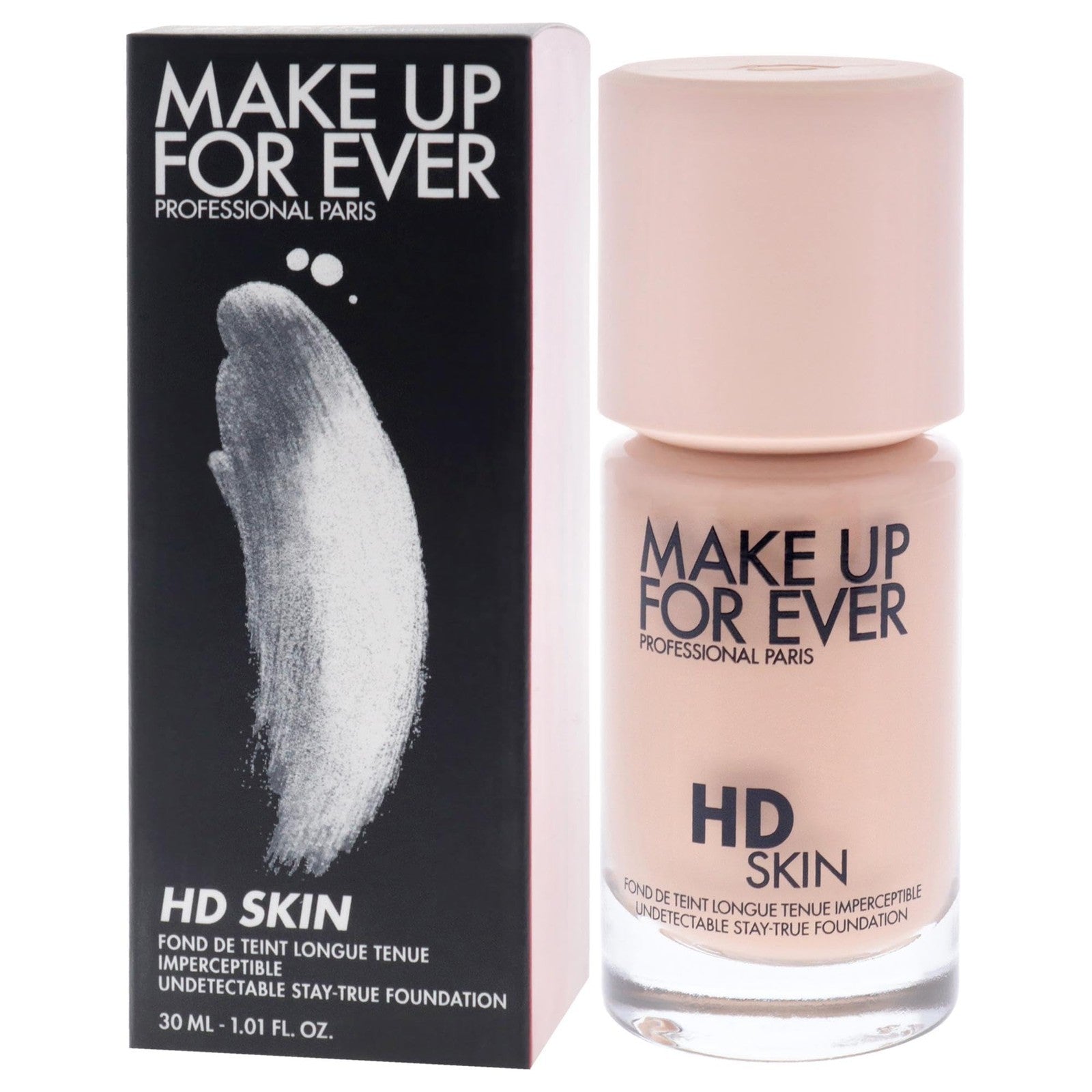 Make Up For Ever HD Skin Undetectable Longwear Foundation in shade 1R12, close-up of the foundation bottle with a smooth liquid texture.