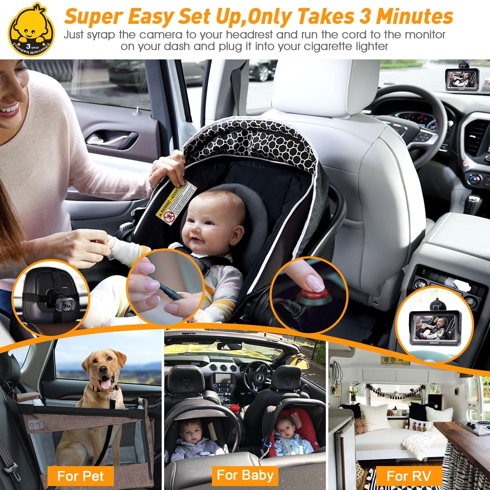 DoHonest baby car camera with HD 1080P rear-facing monitor and night vision, showing the camera mounted inside a vehicle.