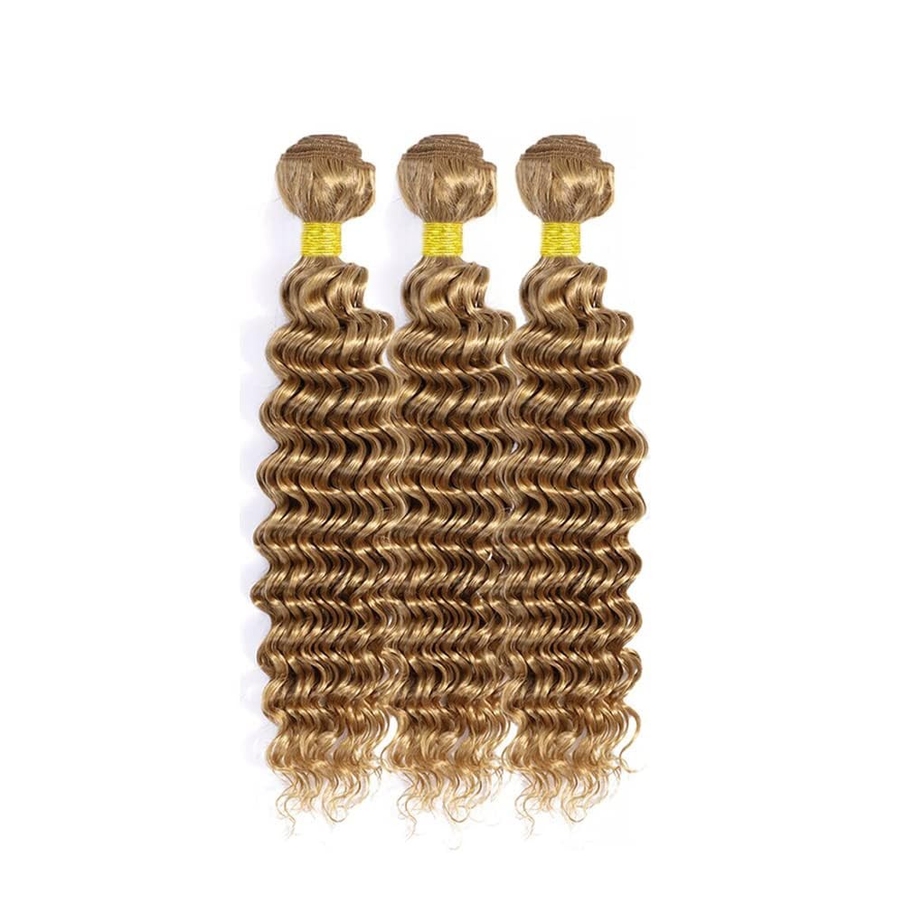 Biliisyff 27-inch honey blonde deep wave human hair bundles, Brazilian human hair with natural shine and texture.