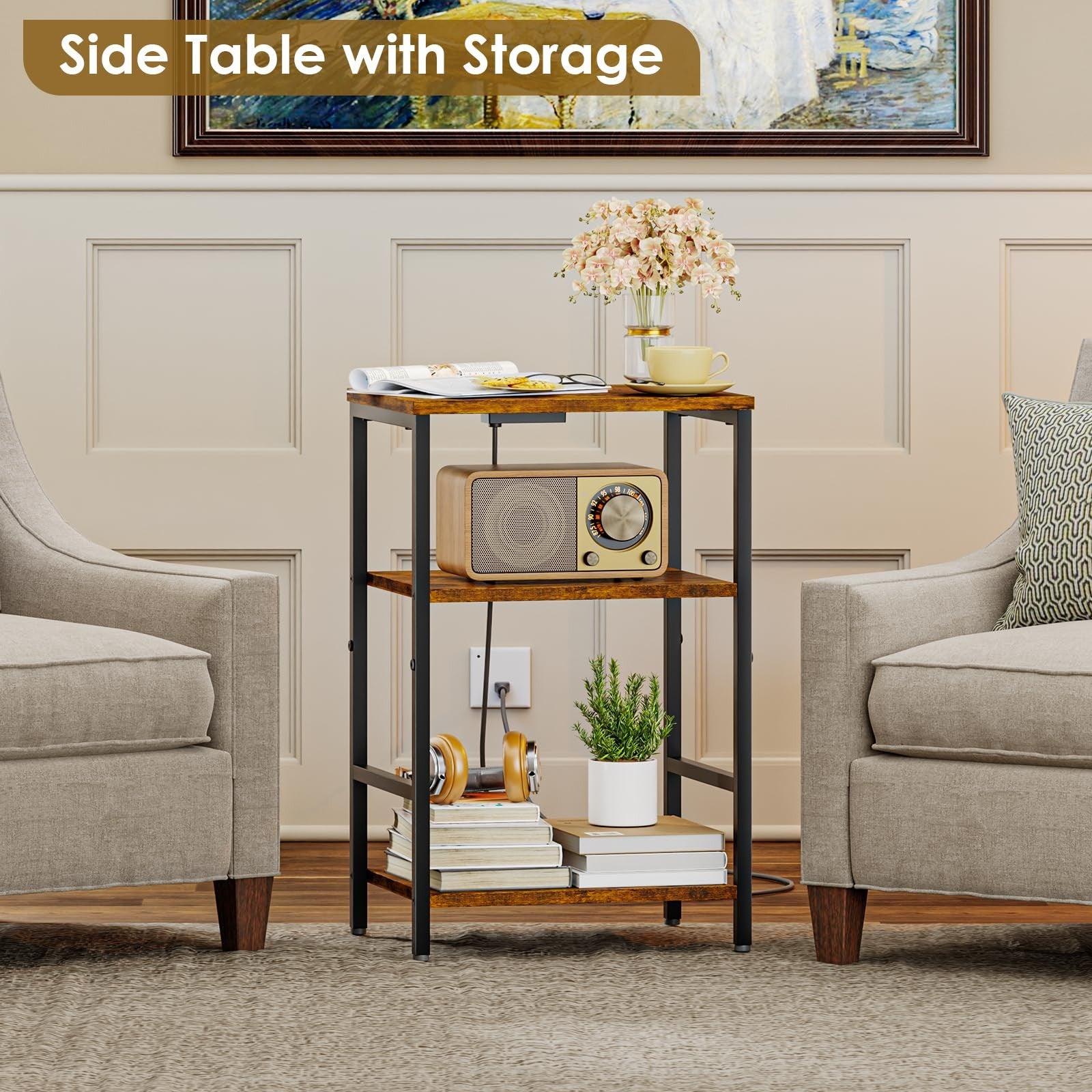 X-cosrack side table with charging station, USB ports, and power outlets, featuring a modern design and compact end table style.