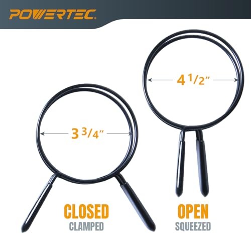 POWERTEC 4-inch double loop hose clamps for collection hoses and dryer vents, made of sturdy metal for secure connections.