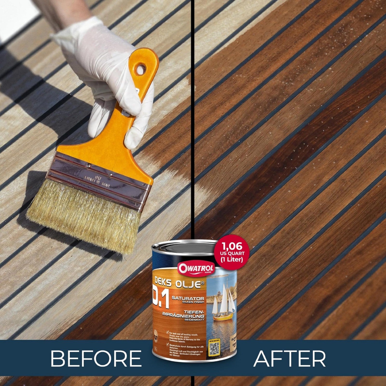 Owatrol D1 exotic wood saturator in 34 oz bottle, featuring alkyd resins and natural plant extracts for wood protection.