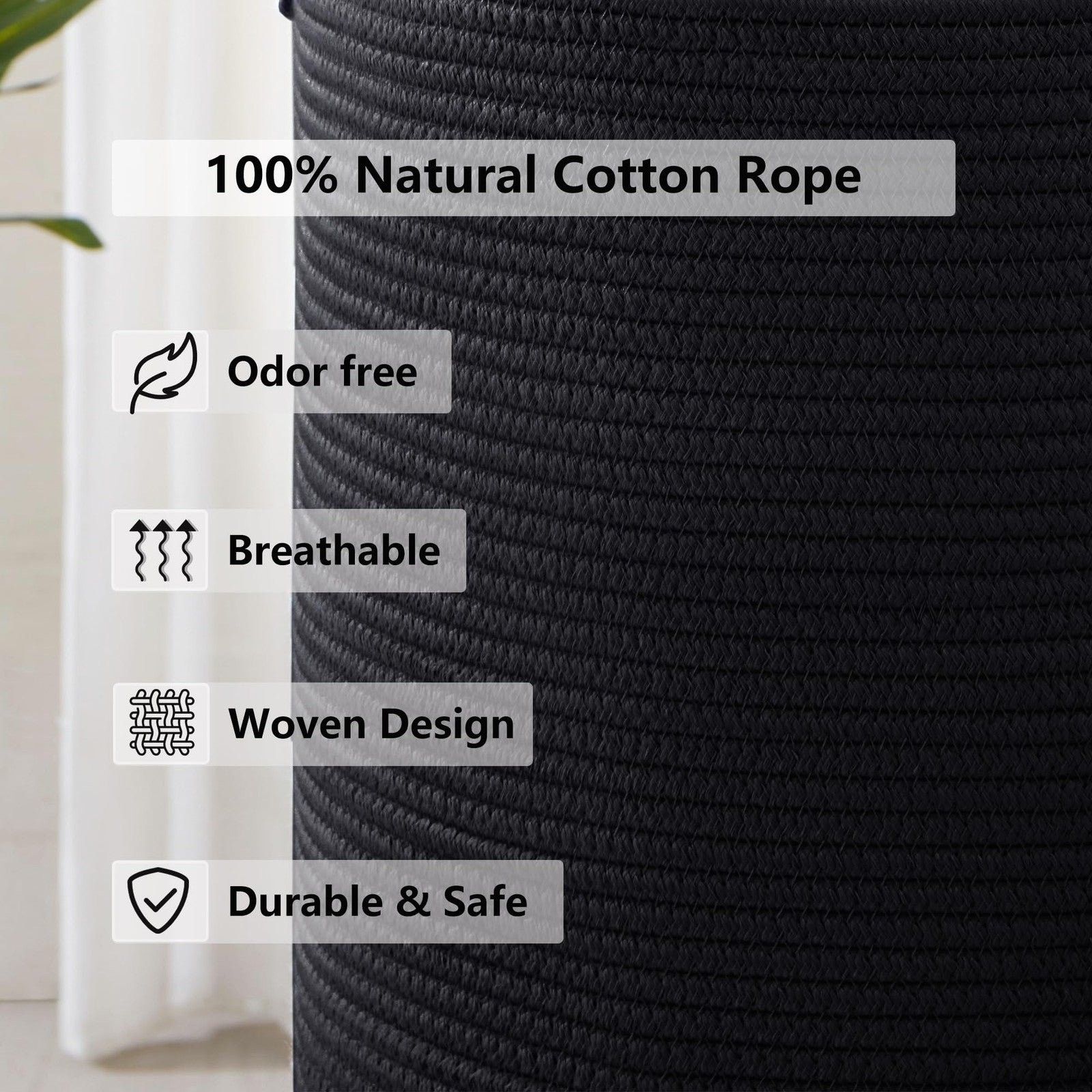 Black woven rope laundry hamper by MOJOSCEND, tall modern clothes storage basket with sturdy construction and stylish design.