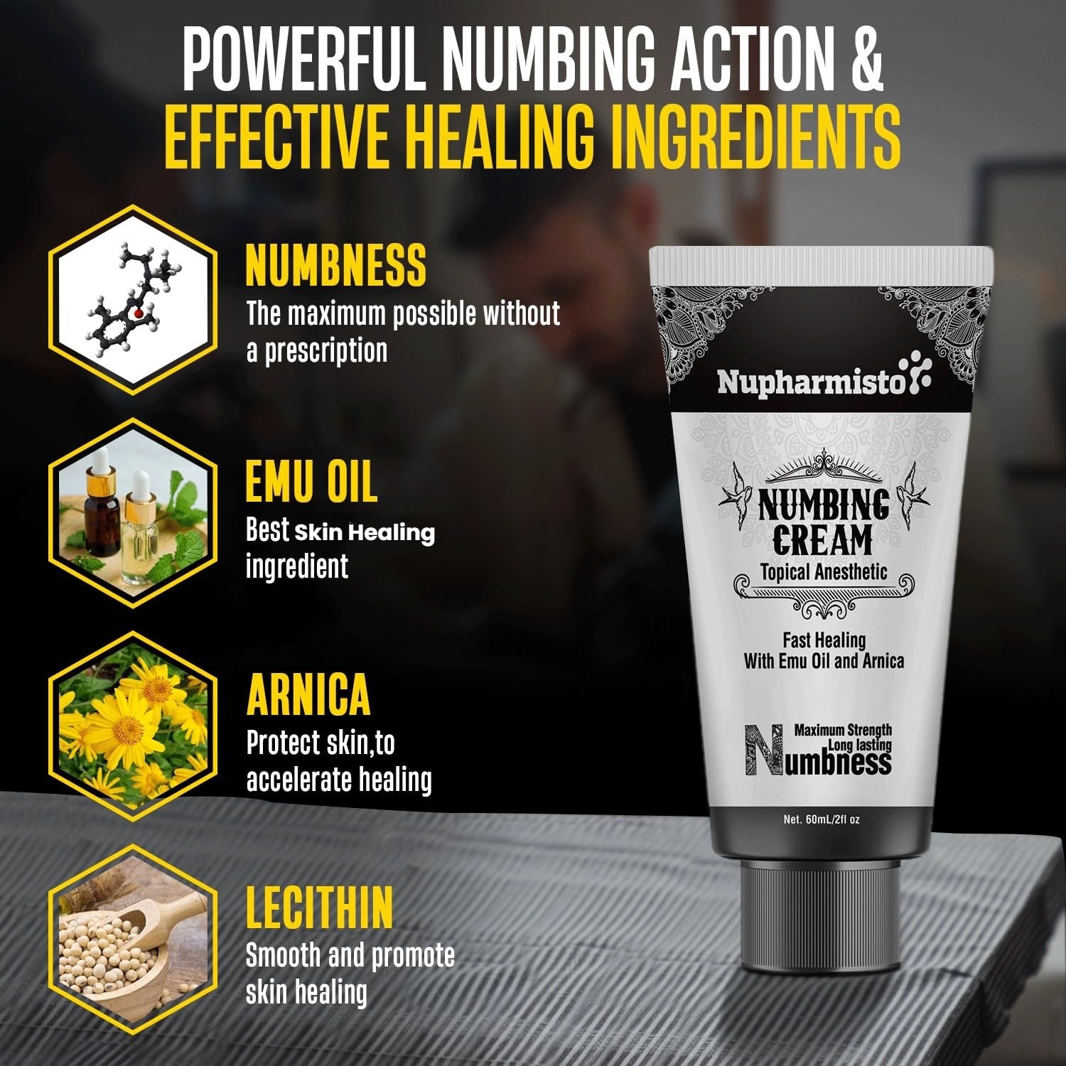 Nupharmco maximum strength numbing cream with menthol, arnica, and emu oil for long-lasting extra relief.