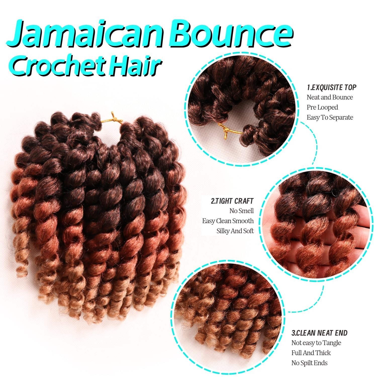 Kenkenten 8-inch Jamaican Bounce crochet hair with 22 curly strands, shown in four packs for natural, voluminous curly crochet style.