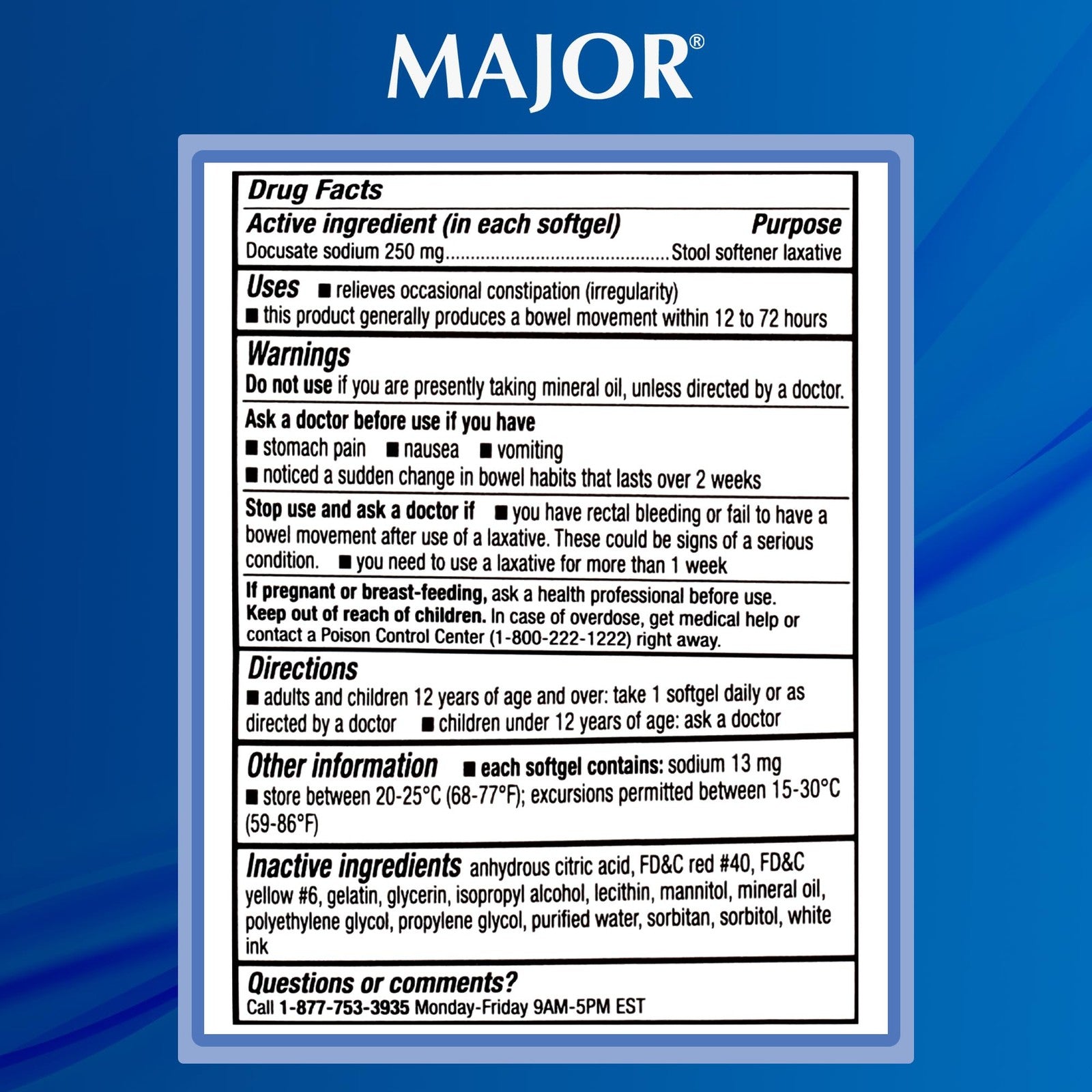 Major Docusate Sodium 250mg extra strength stool softener laxative bottle, showing the label and cap.