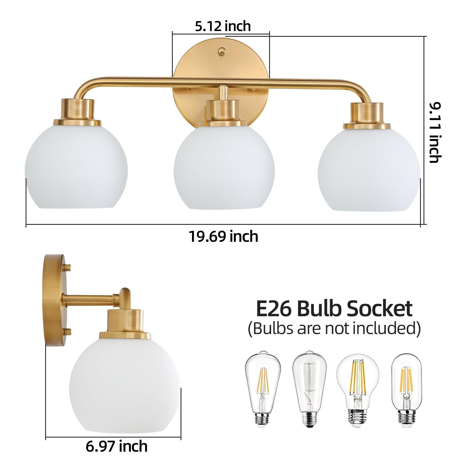 Watyo gold bathroom vanity light fixtures, 3-light wall sconces with modern design and elegant finish, ideal for bathroom lighting.