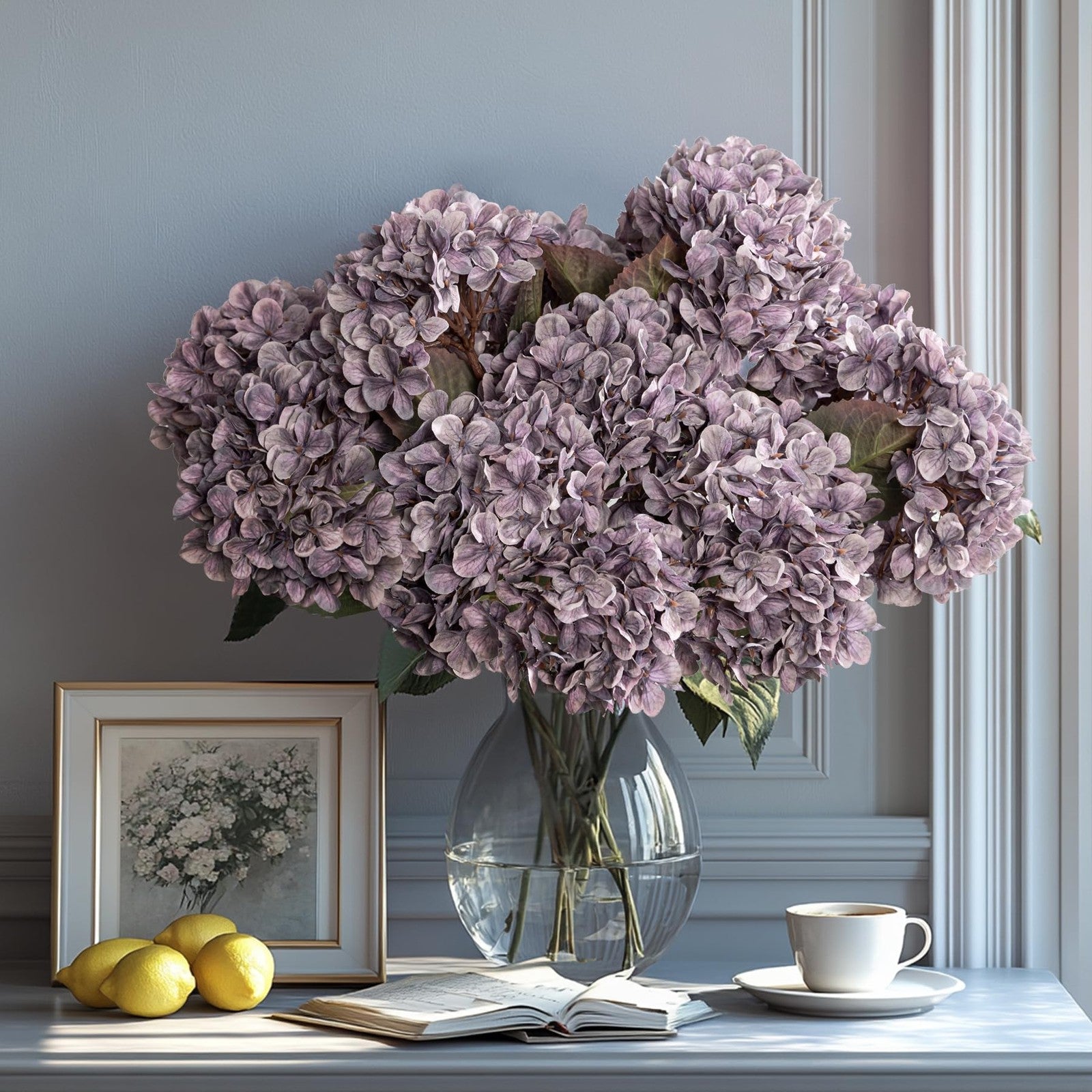Artificial silk hydrangea flower heads bouquet with stems, perfect for fall decor, by Uqueeten.