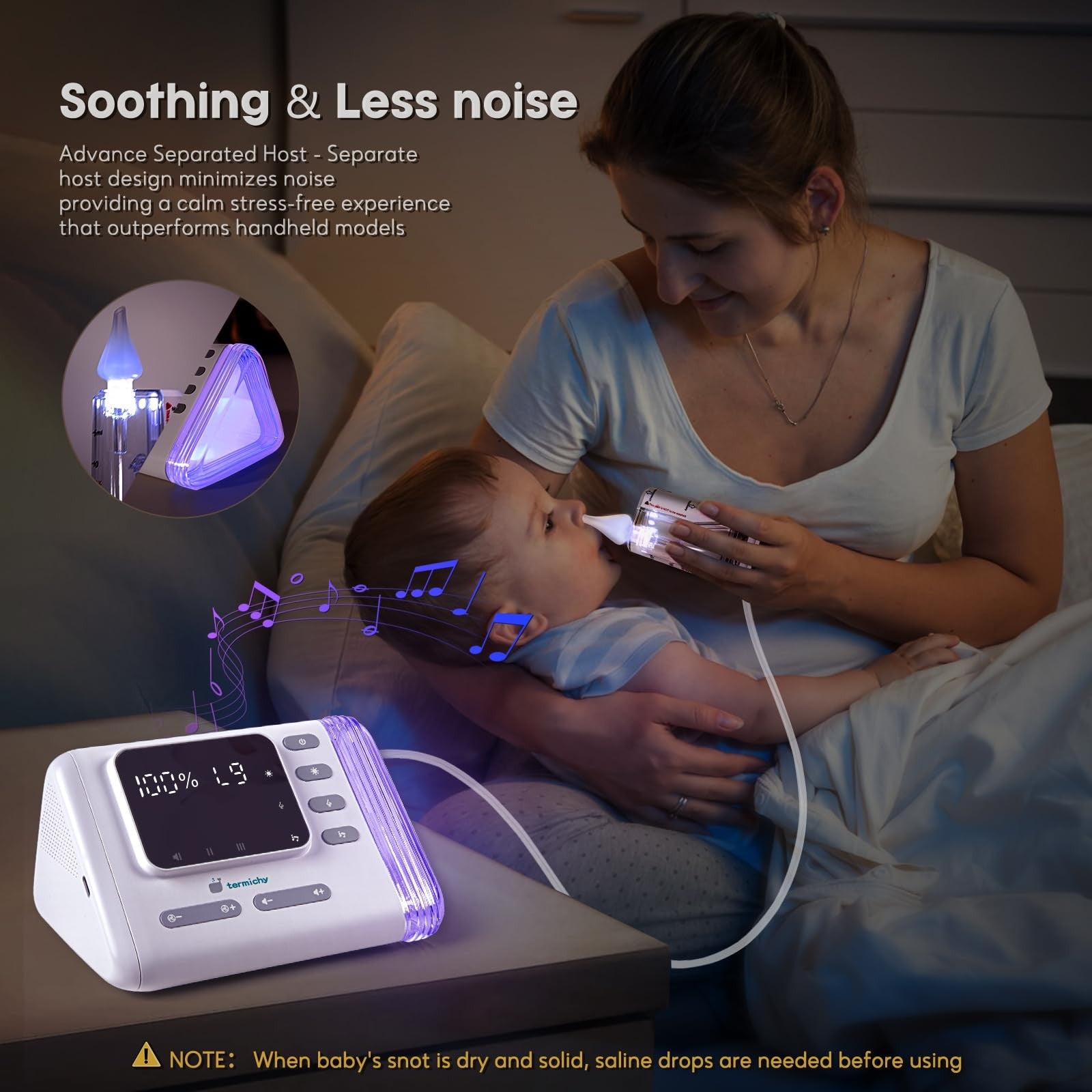 Termichy electric nasal aspirator for babies with rechargeable design, 9 adjustable suction levels, featuring a sleek, compact shape.