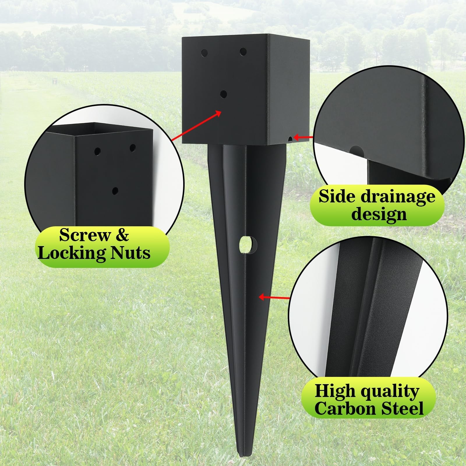 Heavy-duty Nrspp 4-piece 4"x4" fence post anchors ground spikes shown in black metal for secure fencing installation.