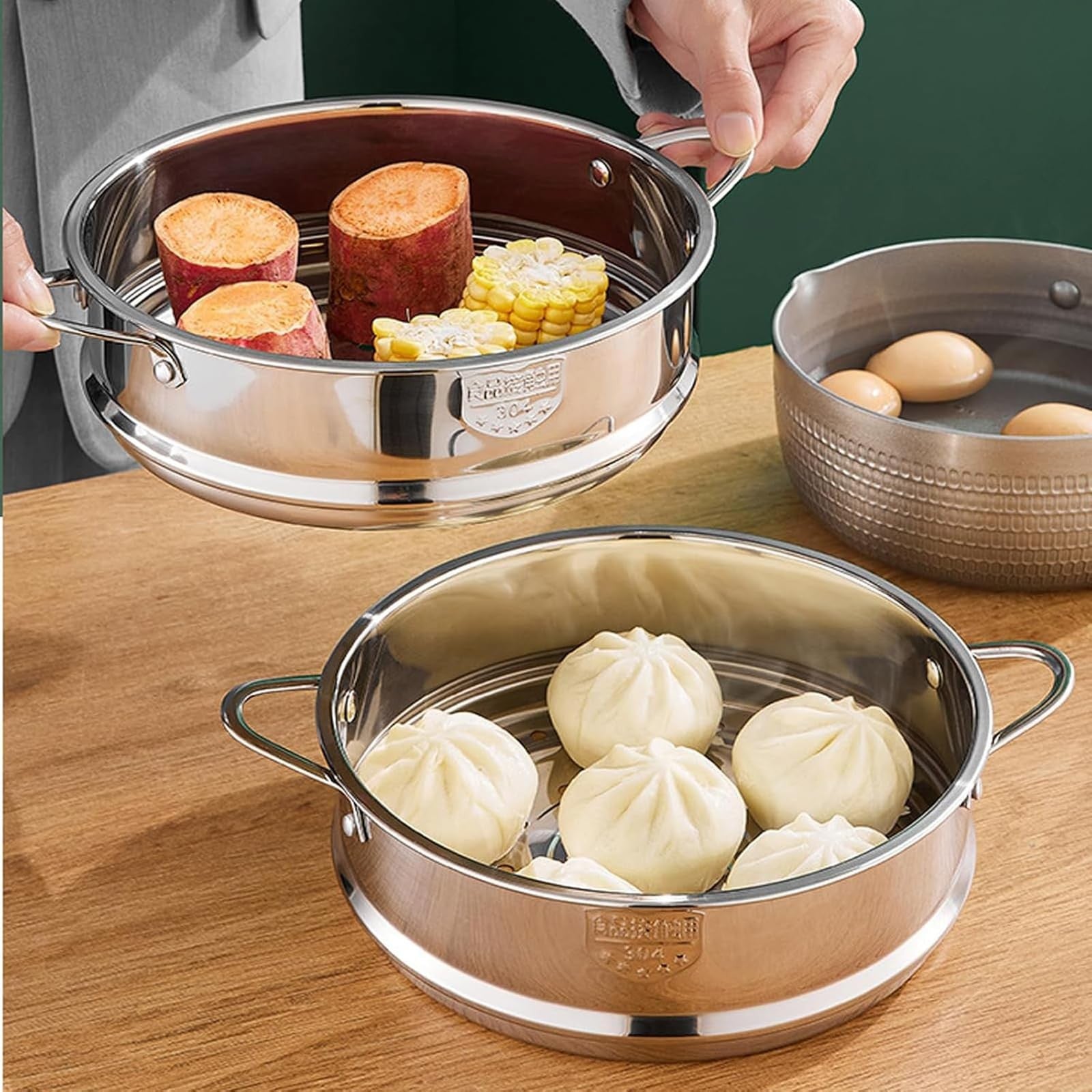 BinaryABC stainless steel dumpling steamer basket for pot, 26cm steamer insert with mesh design for steaming dumplings and vegetables.