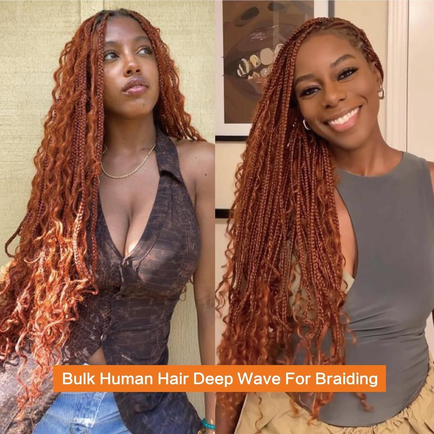 Peenoll Curly Braiding Human Hair in Ginger Orange, 11A grade, 16 inches, 2 bundles totaling 100g, styled in curly texture