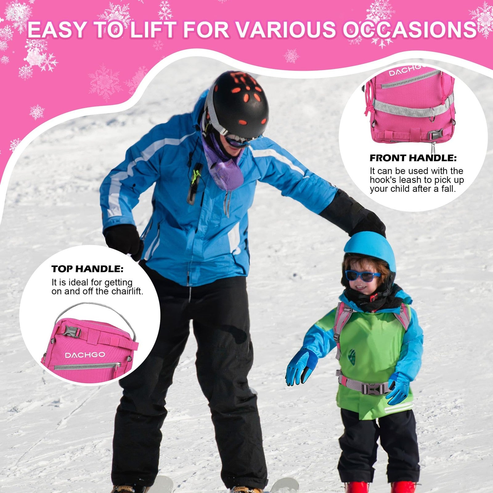Dachgo kids ski and snowboard harness with adjustable leash and removable seat for safety and comfort on winter slopes.