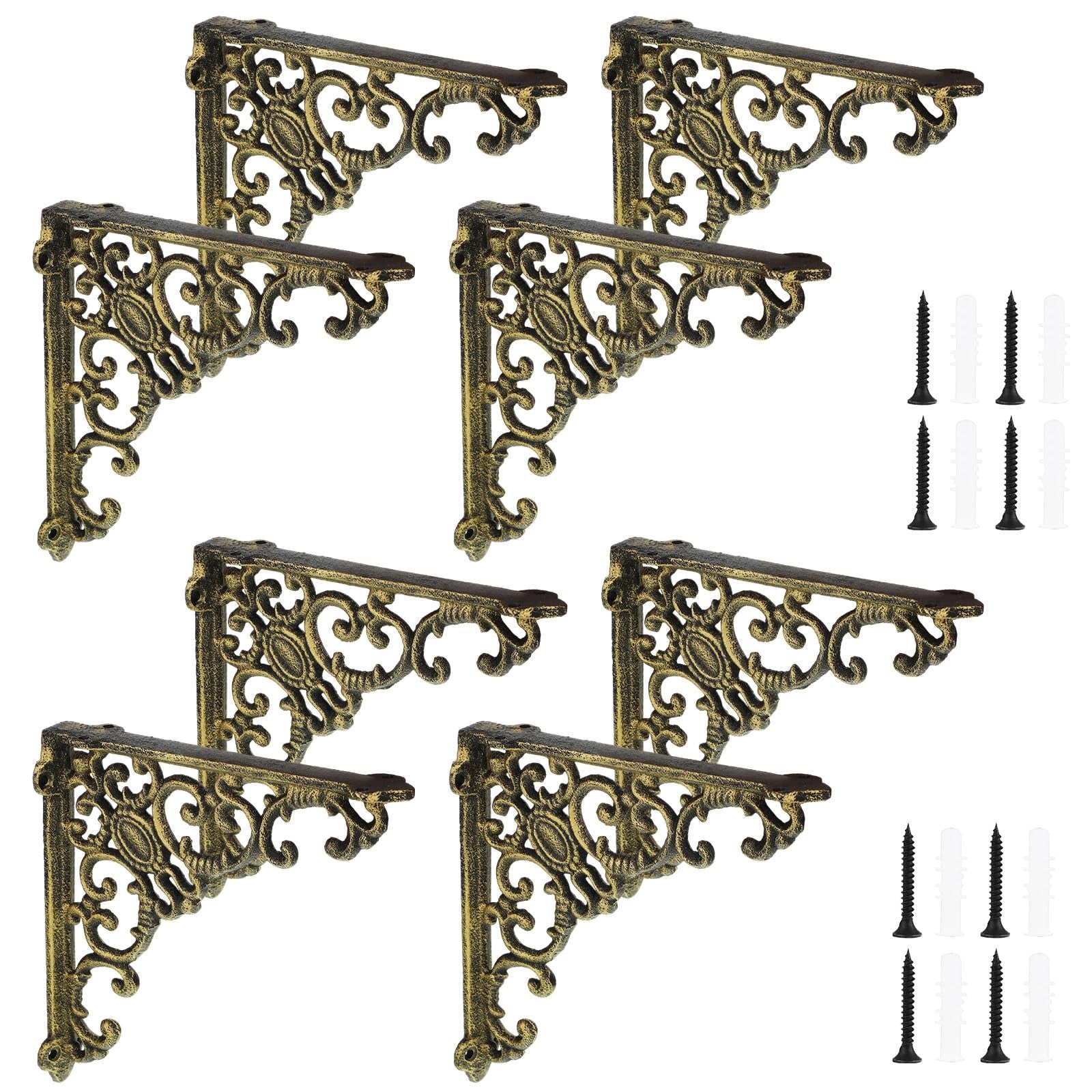 Set of four antique brass Lounsweer 8-inch heavy-duty wall-mounted shelf brackets with decorative design.