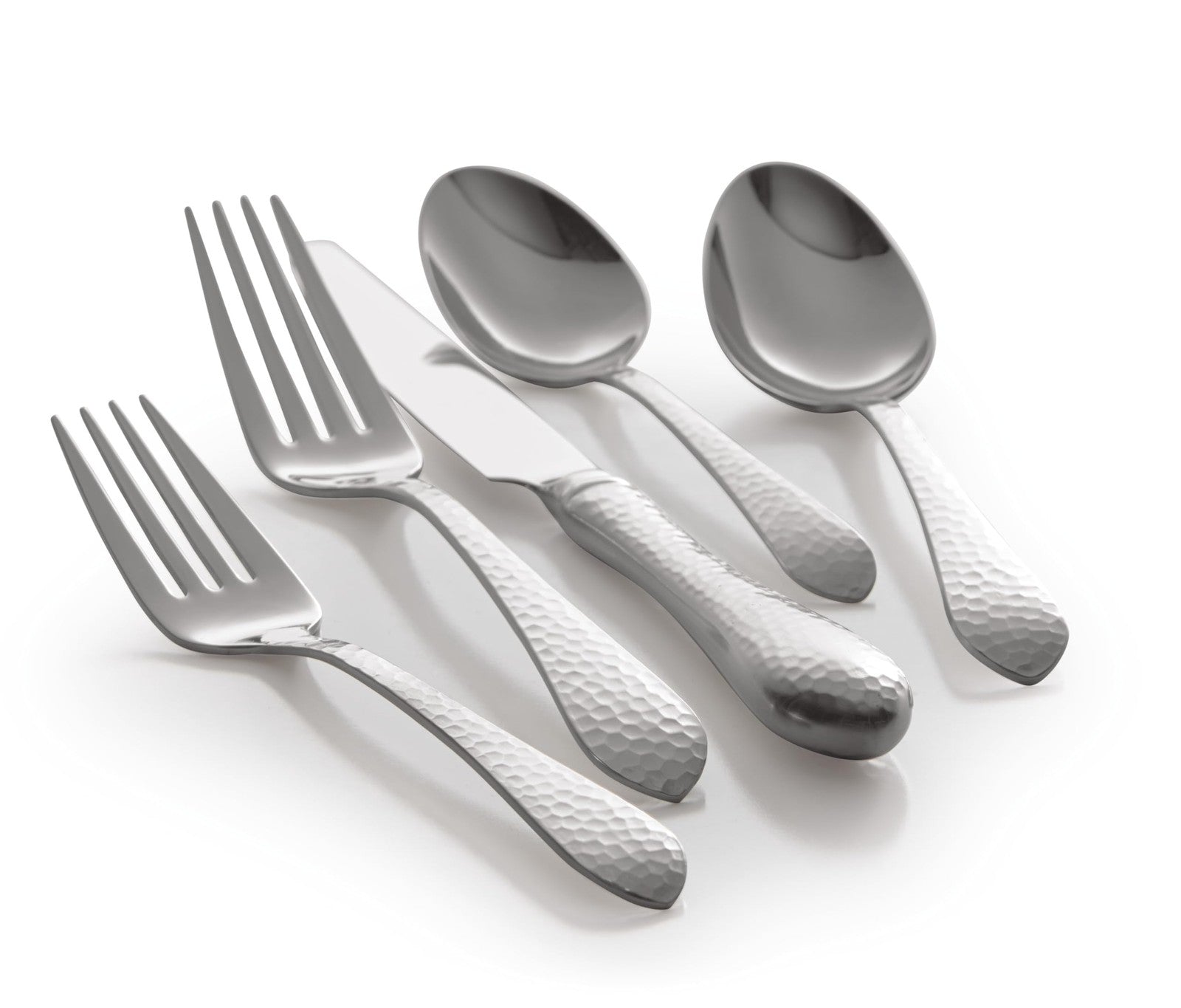 Reed & Barton hammered antique silverware set, 5-piece flatware place setting with fork, knife, spoon, and teaspoon.