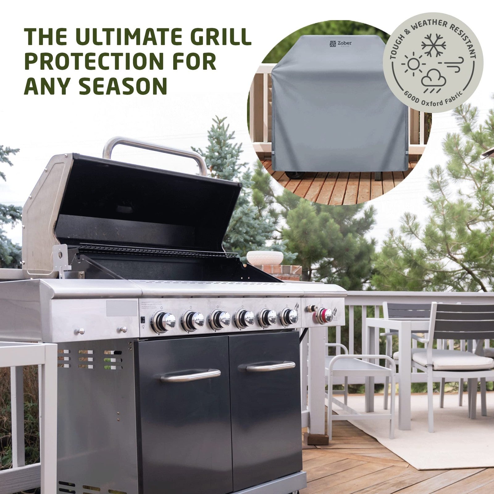Waterproof 64-inch Zober BBQ grill cover with double layers, designed to fit Weber gas grills.