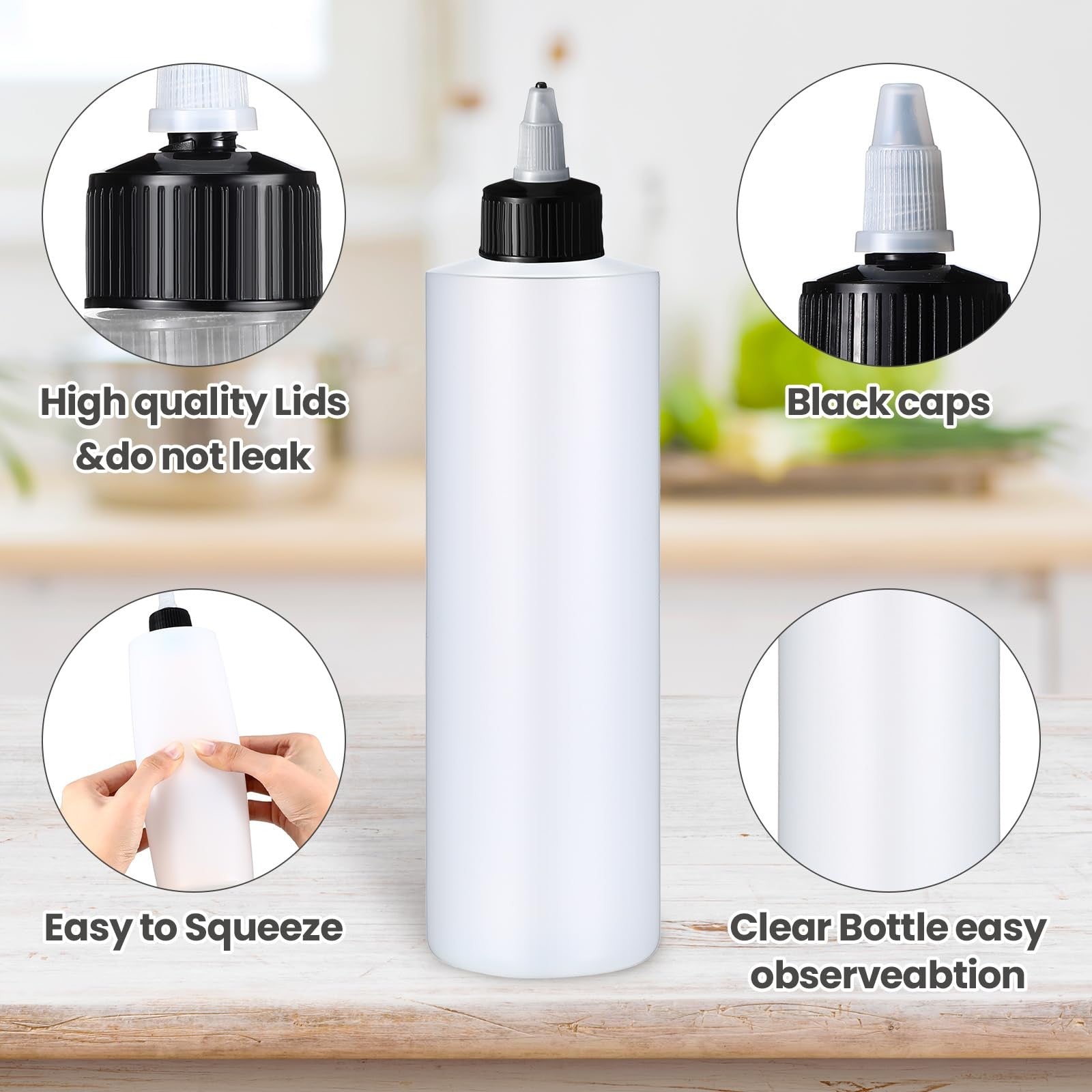 Irenare 30-pack of 16oz black plastic condiment squeeze bottles for sauces, BBQ dressings, and condiments.