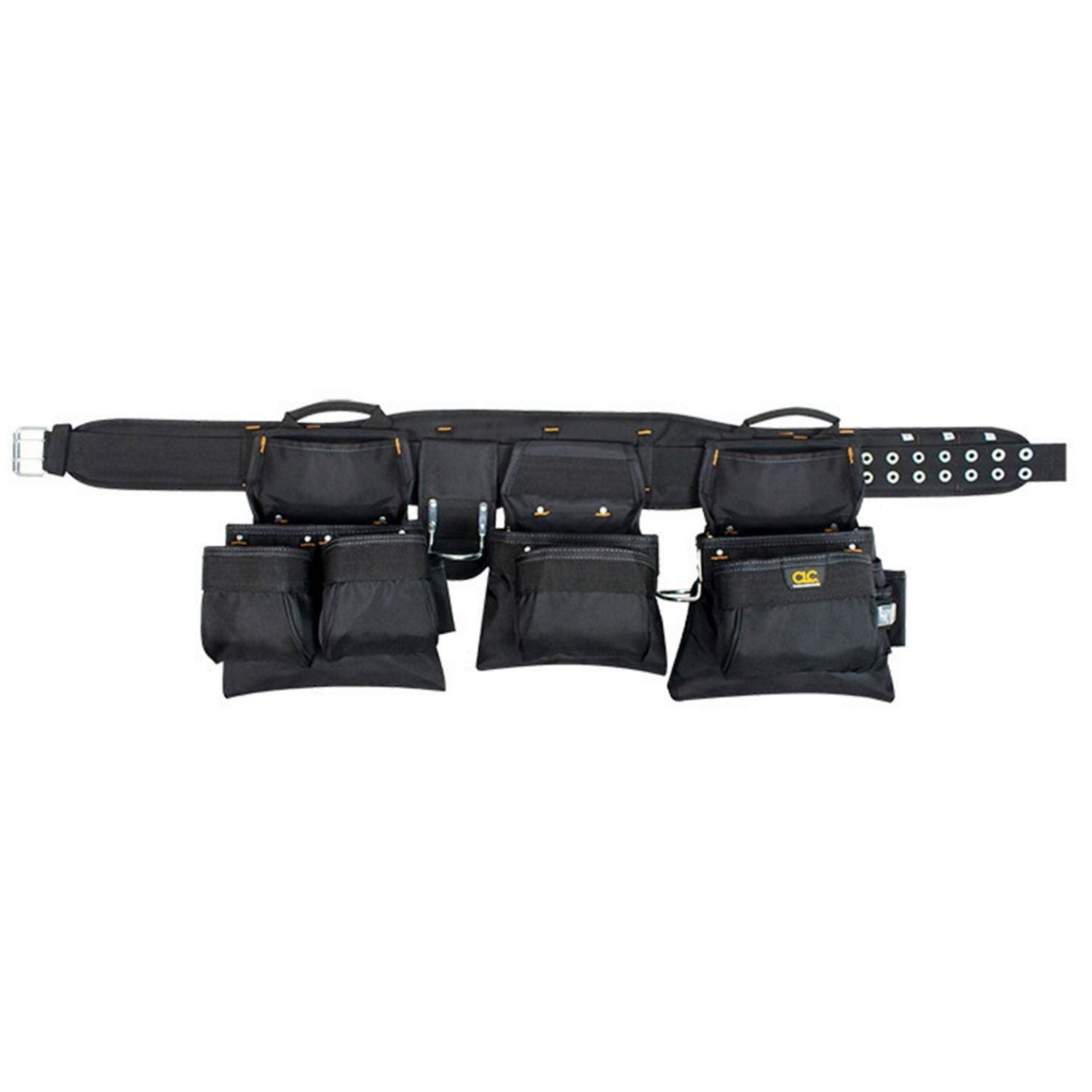 Black Custom Leathercraft 5605XL professional carpenter's tool bag with 18 pockets and reinforced handles for rugged worksite use.