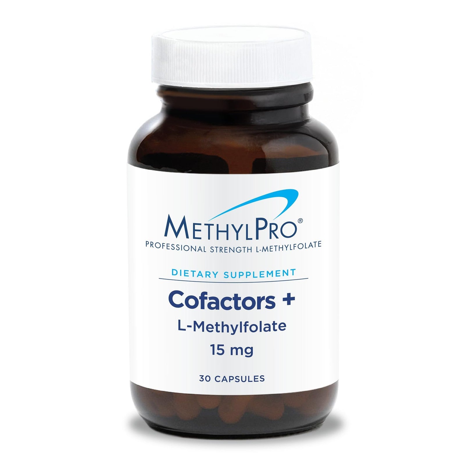 MethylPro L-Methylfolate 15mg supplement capsules with B12 and B6 for brain focus and calm, shown in a clear container.