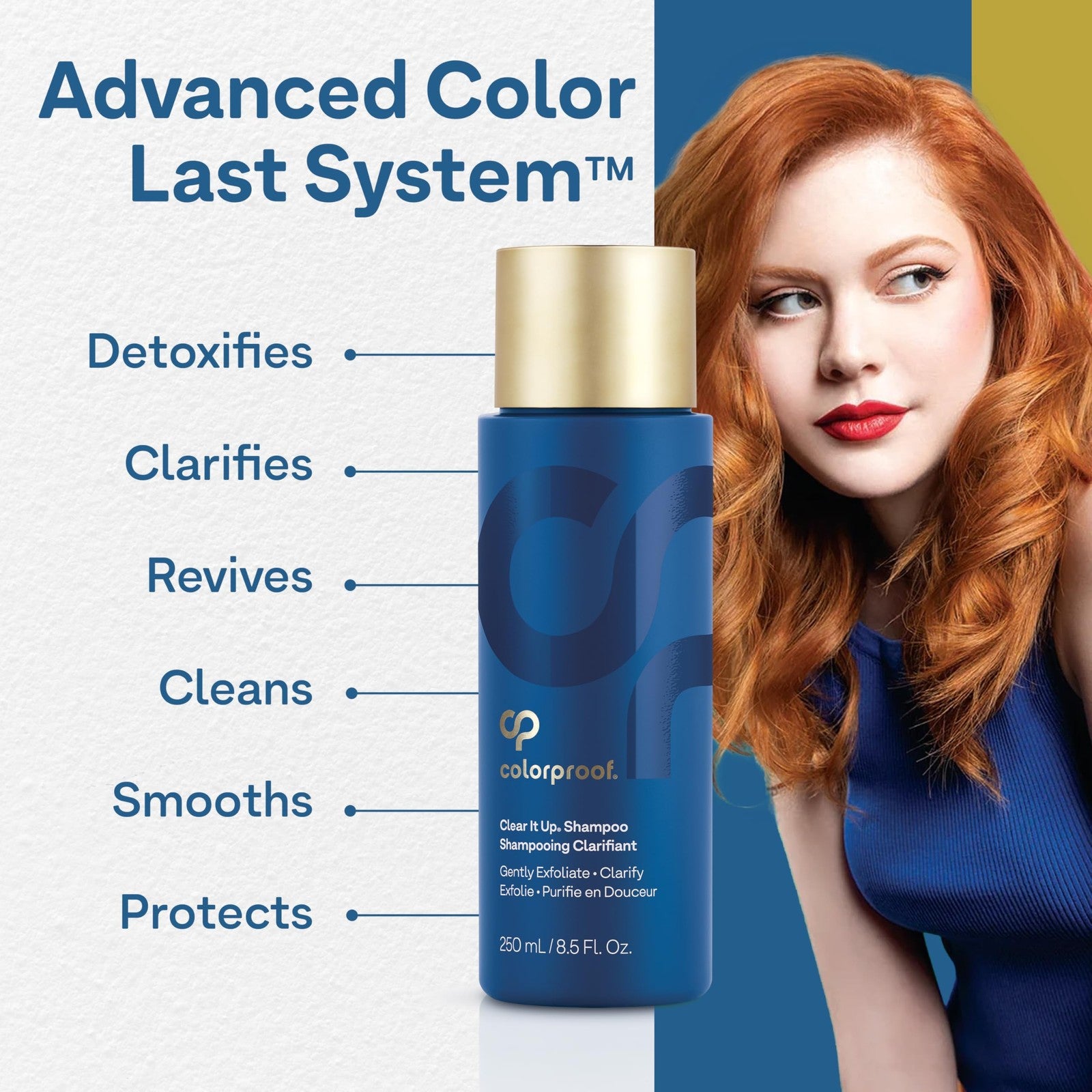 ColorProof Clear It Up clarifying shampoo in an 8.5 oz bottle, designed for color-treated hair, with a clear, sleek packaging and label.