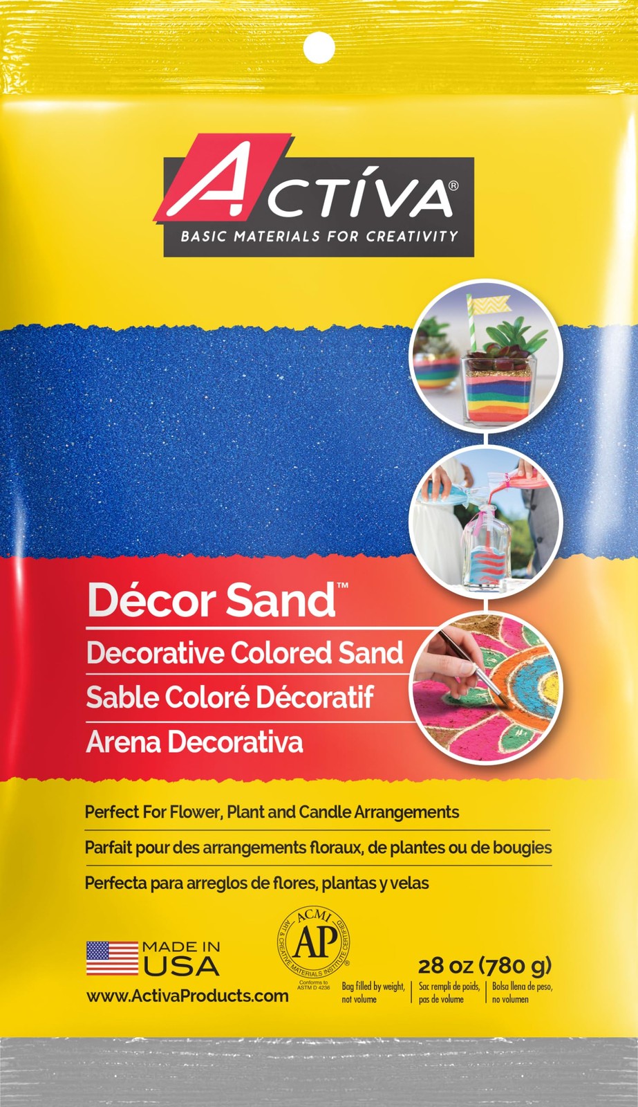 Dark blue decorative colored sand in a resealable bag, 5lb, by Activa, with fine grain texture for arts and crafts projects.