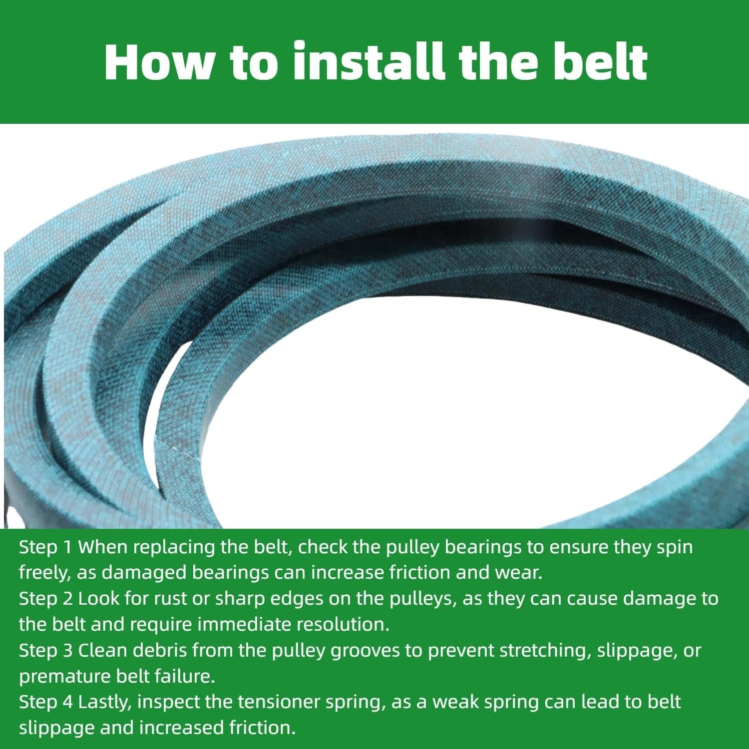 C-Yong 5/8 x 159.5-inch deck belt for Kubota K5639-36710, shown on a lawn tractor deck with pulleys and blades