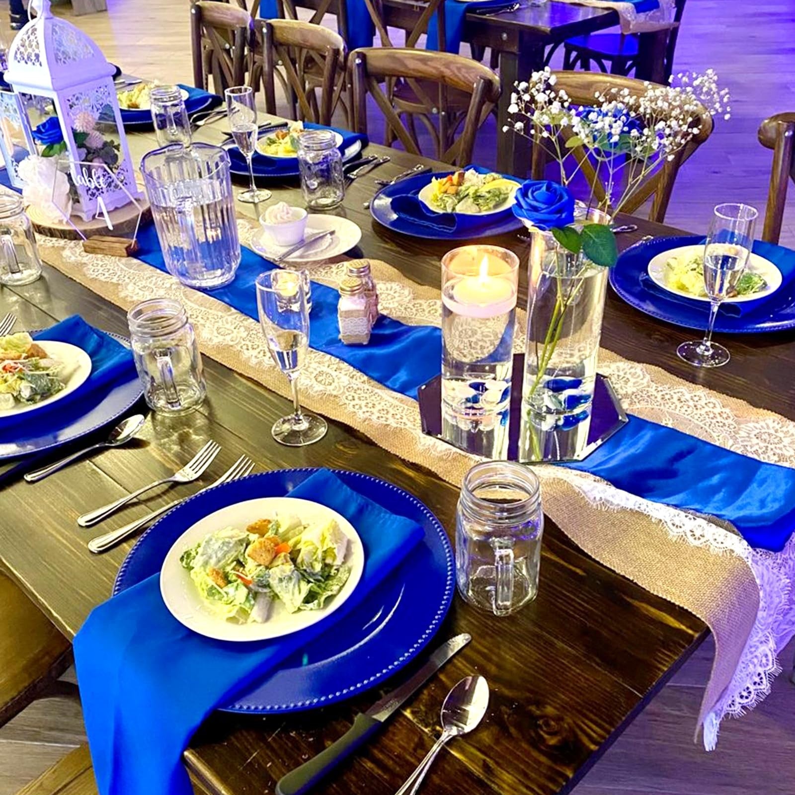 Royal blue 13-inch beaded charger plates from REWOMC, set of 24 round dinner plate chargers for elegant table settings.