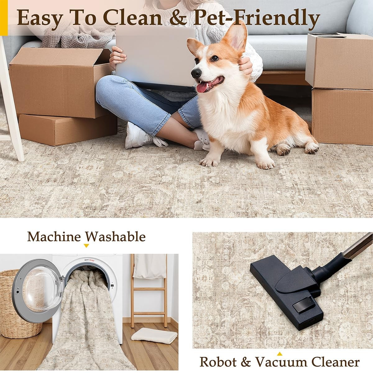 WondRg beige washable area rug for entryway, soft, low pile, non-slip carpet with neutral tones and slip-resistant backing.