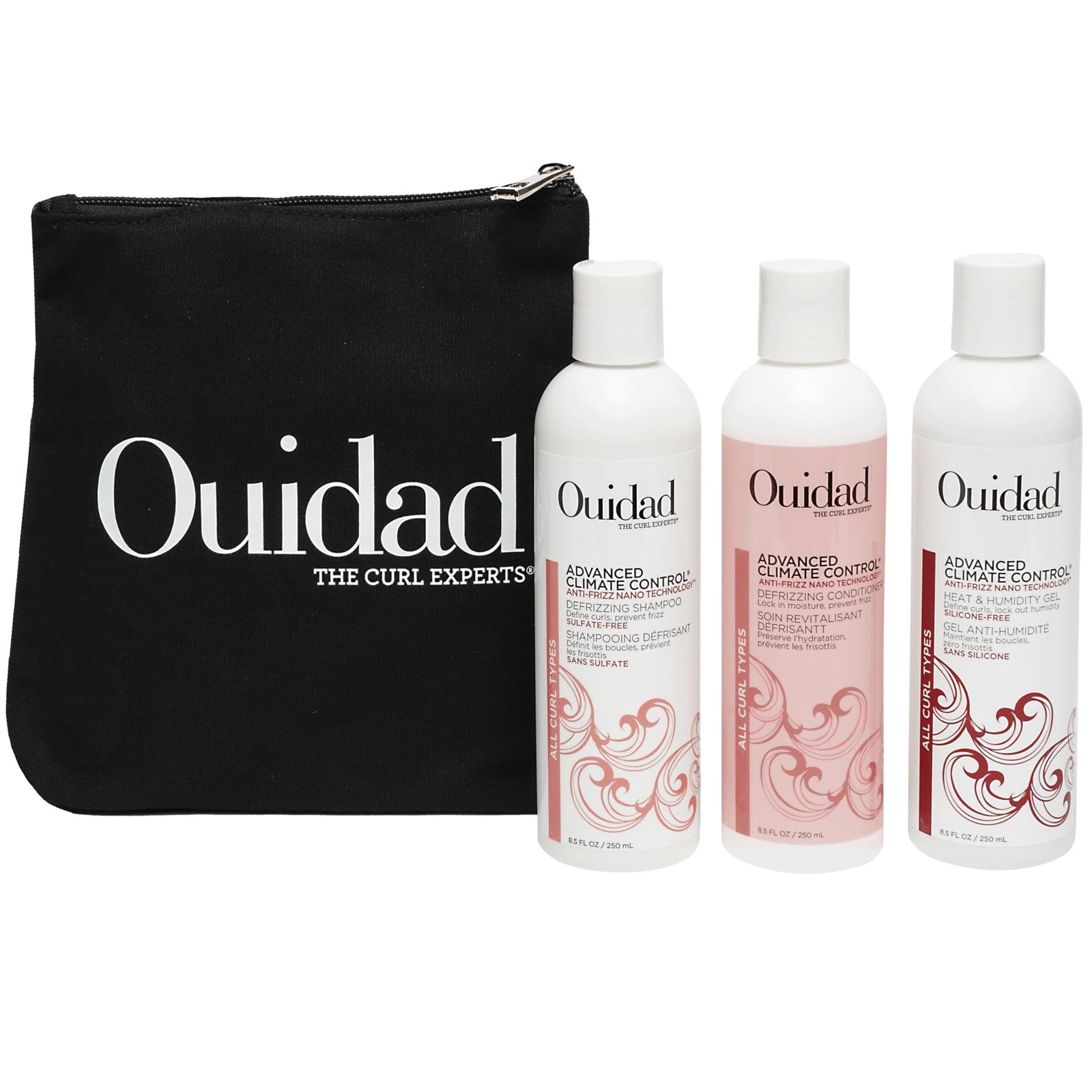 Ouidad Frizz-Free Wash Day Hair Care Kit for Curly Hair, featuring anti-frizz shampoo and conditioner in a sleek packaging.
