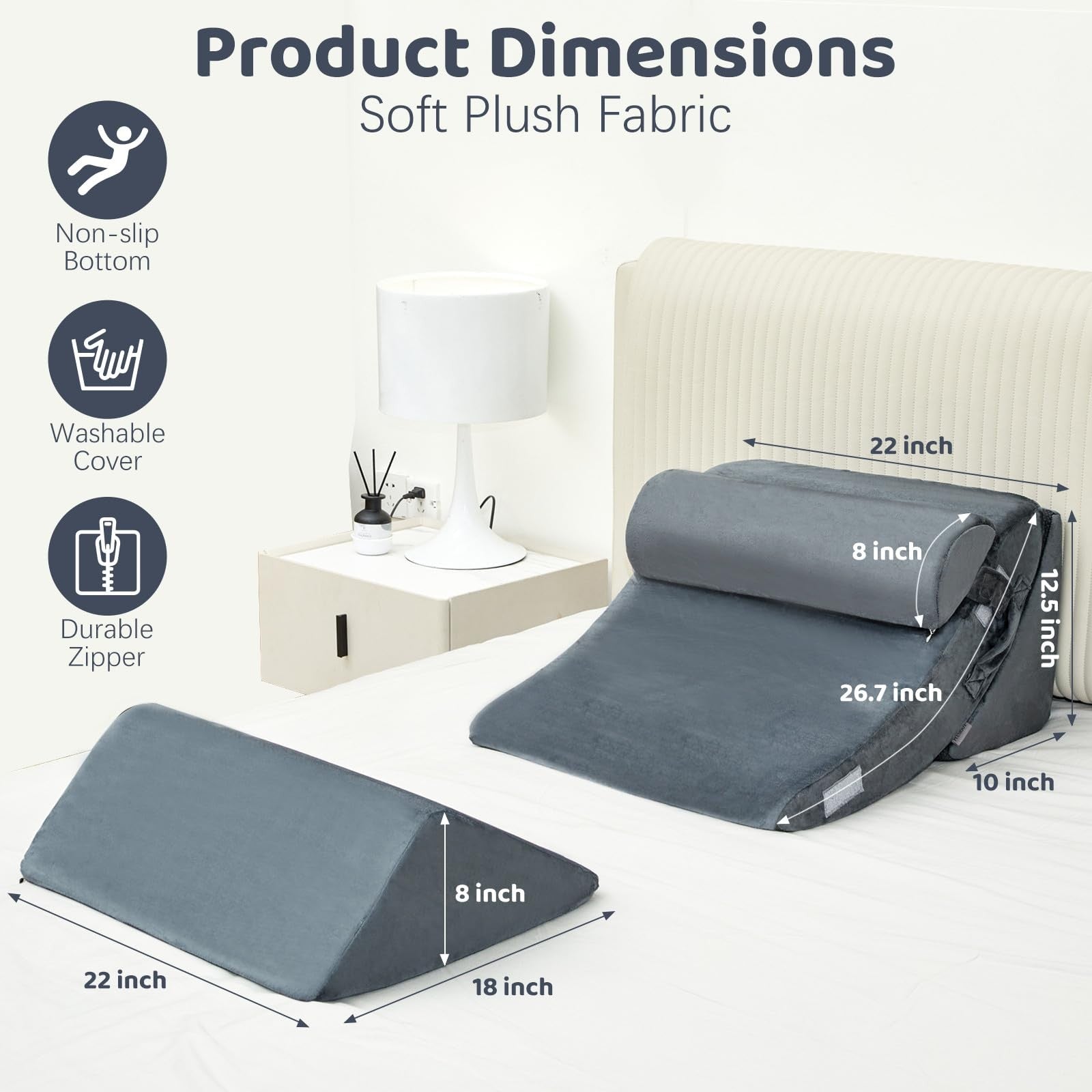 PIASHJOY 4-piece bed wedge pillow set designed for sleeping and acid reflux relief, with supportive foam cushions on a bed.