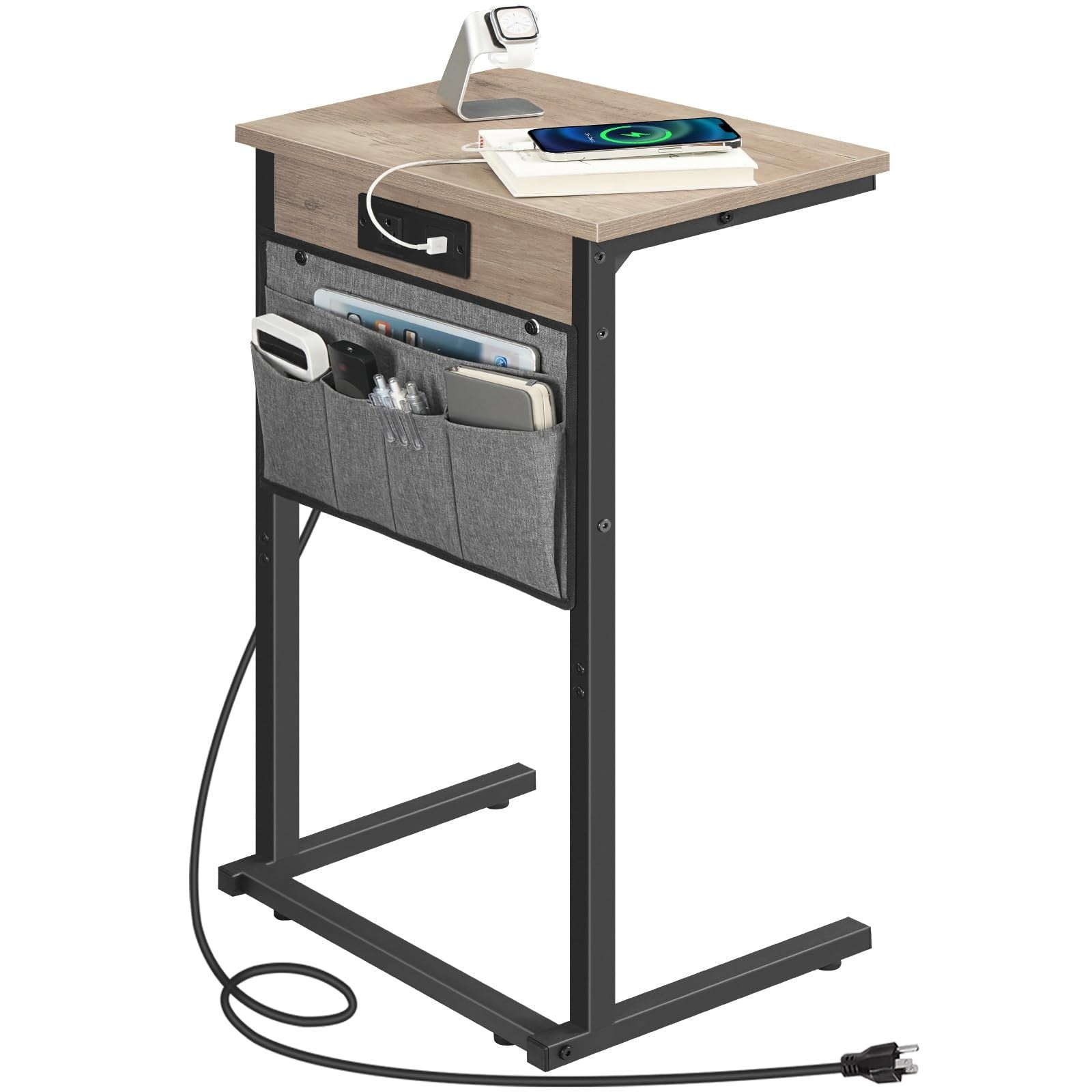 HOOBRO C-shaped end table with built-in charging station, 28-inch tall couch table for convenient living room use.