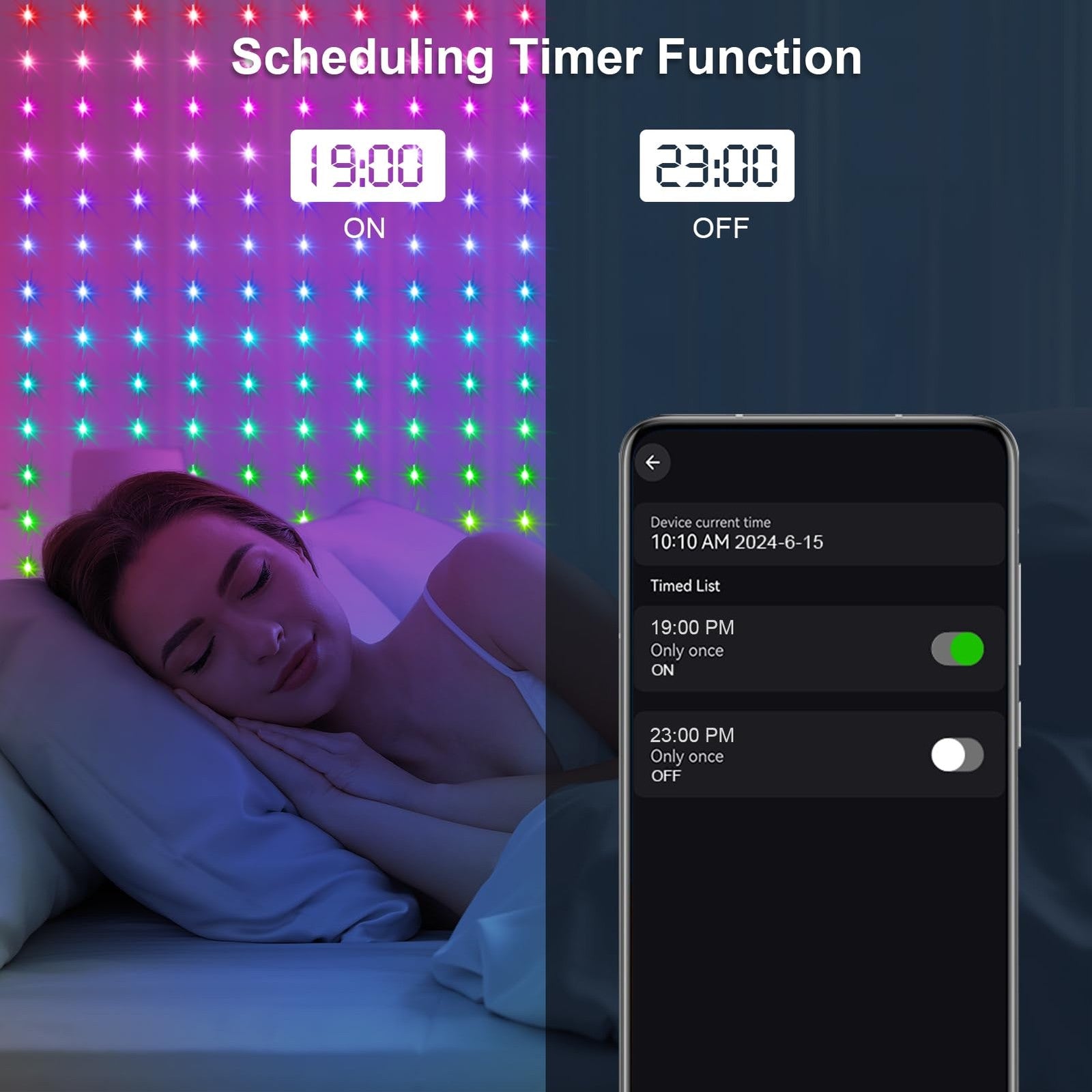 ZAIYW WiFi Smart RGB curtain lights with 600 LED bulbs displaying colorful lighting effects on a window curtains.