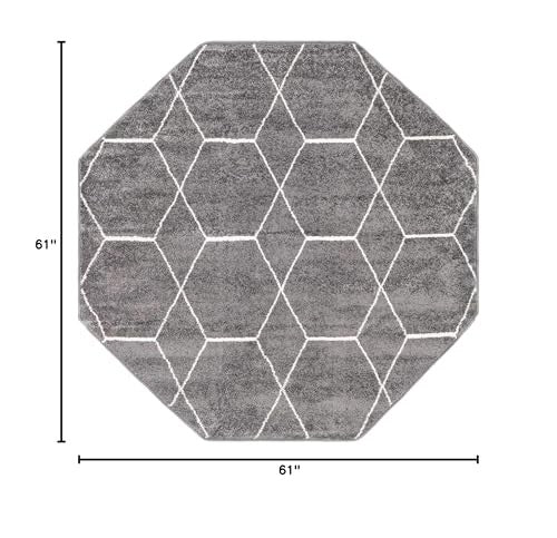 Dark gray geometric area rug from Unique Loom Trellis Frieze Collection featuring a 5-octagon pattern on a neutral background.
