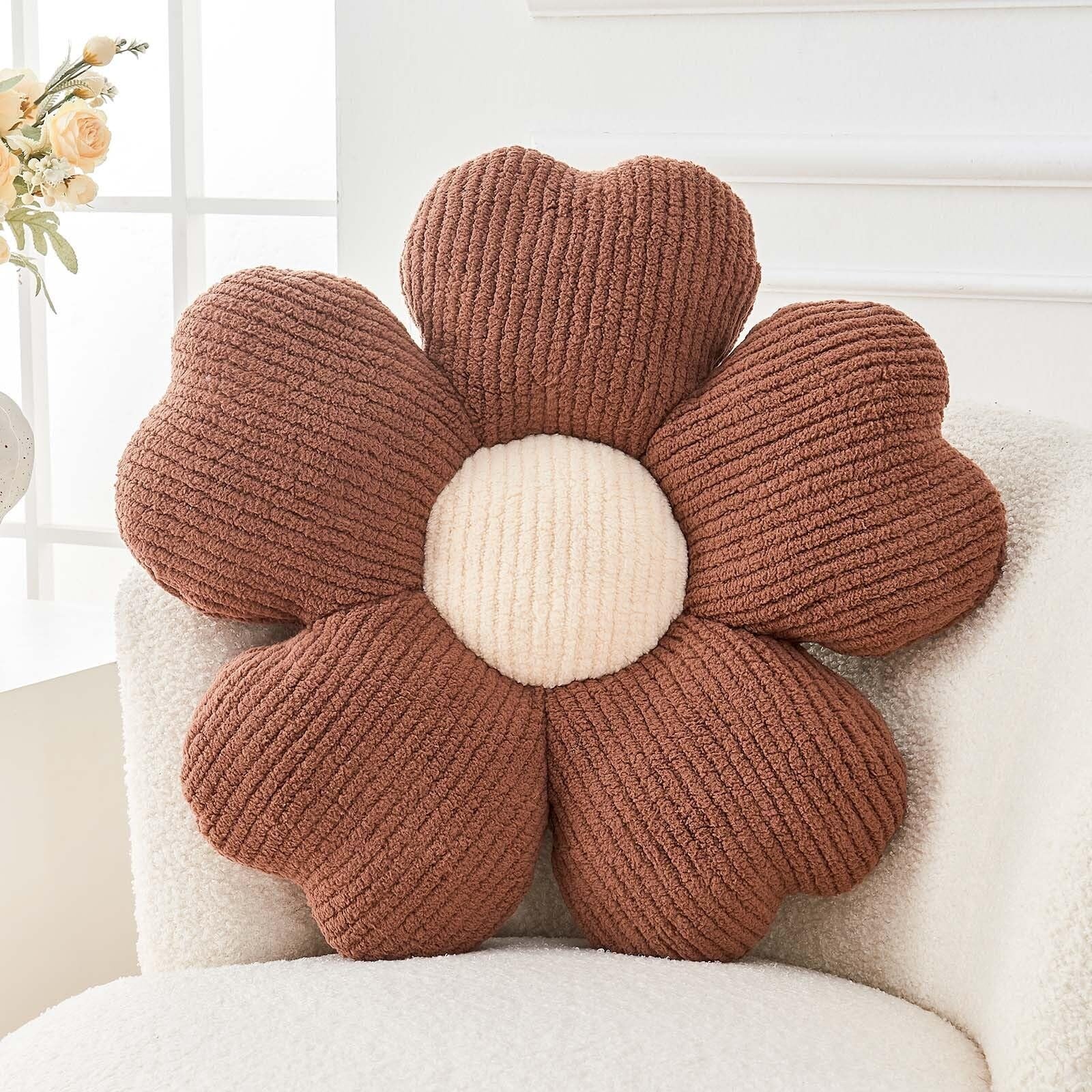 Kcvvcr flower-shaped throw pillow with colorful floral design, decorative accent for sofa or bed.