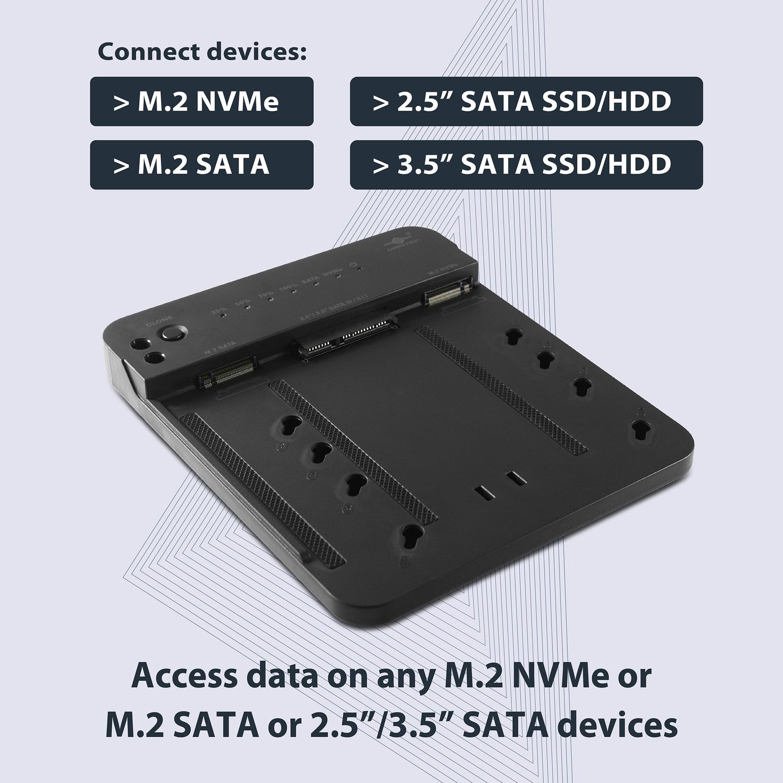 Vantec multi-function storage adapter with clone feature, displaying M.2 NVMe, SATA SSD, and HDD ports on a black device