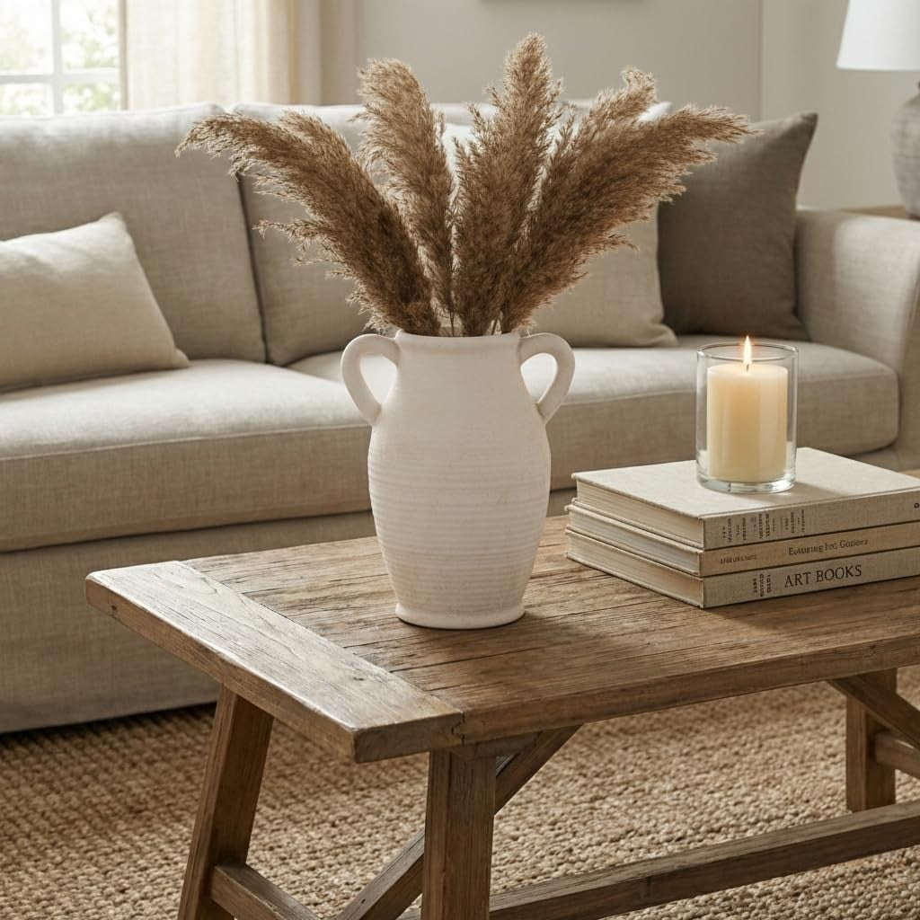 Large Ceramic Vase by Vaseking, Rustic Style with Two Handles, Emotionally Grounded Design, 9-inch tall decorative vase