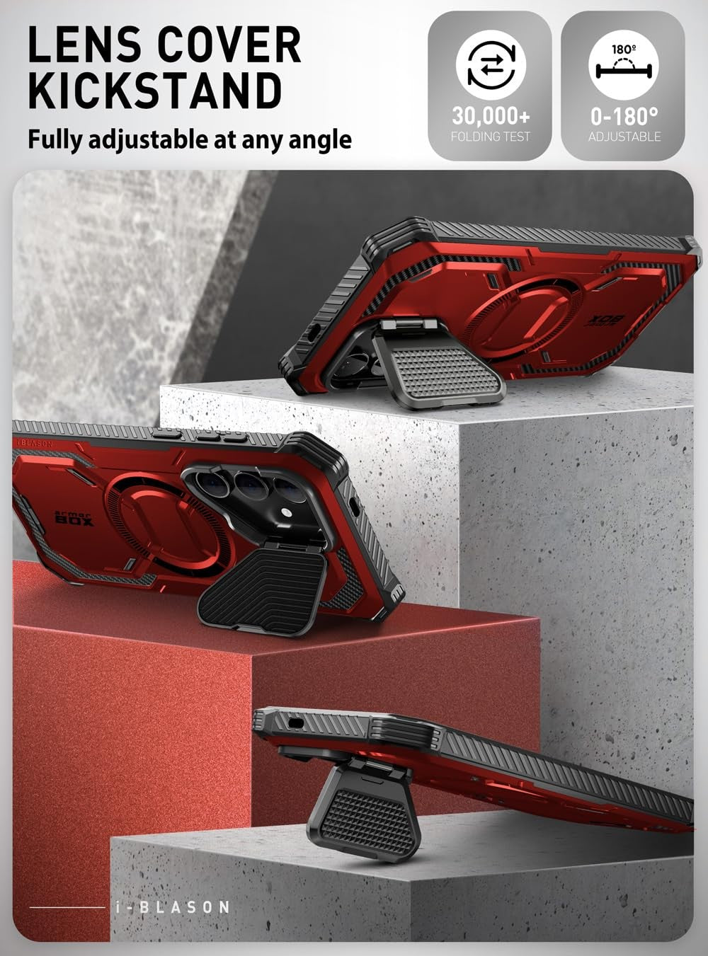 i-Blason S24 case with camera cover, built-in screen protector, stand, and MagSafe compatibility for iPhone.