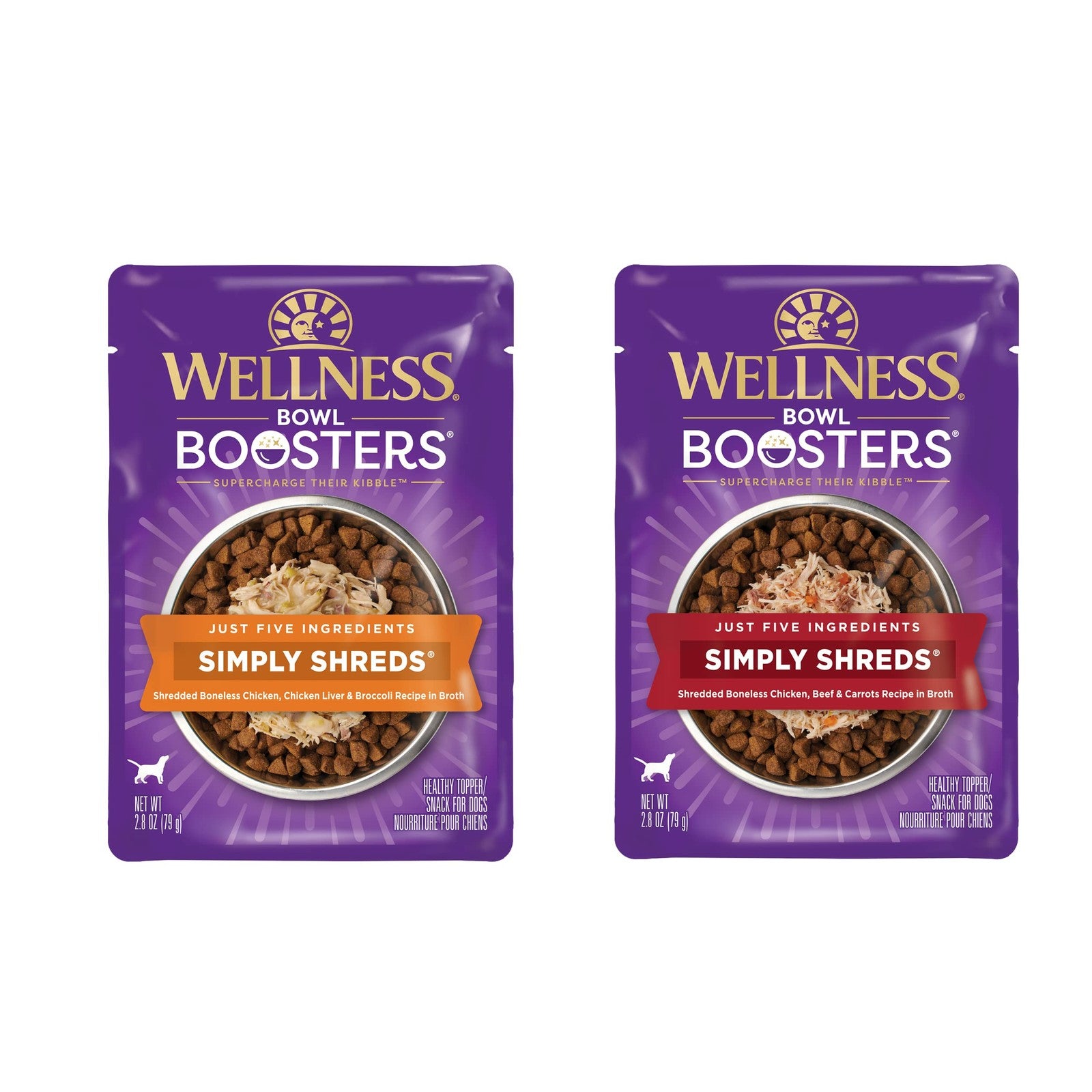 Wellness CORE Simply Shreds grain-free wet dog food mixer with chicken and beef, natural ingredients, served in a bowl.