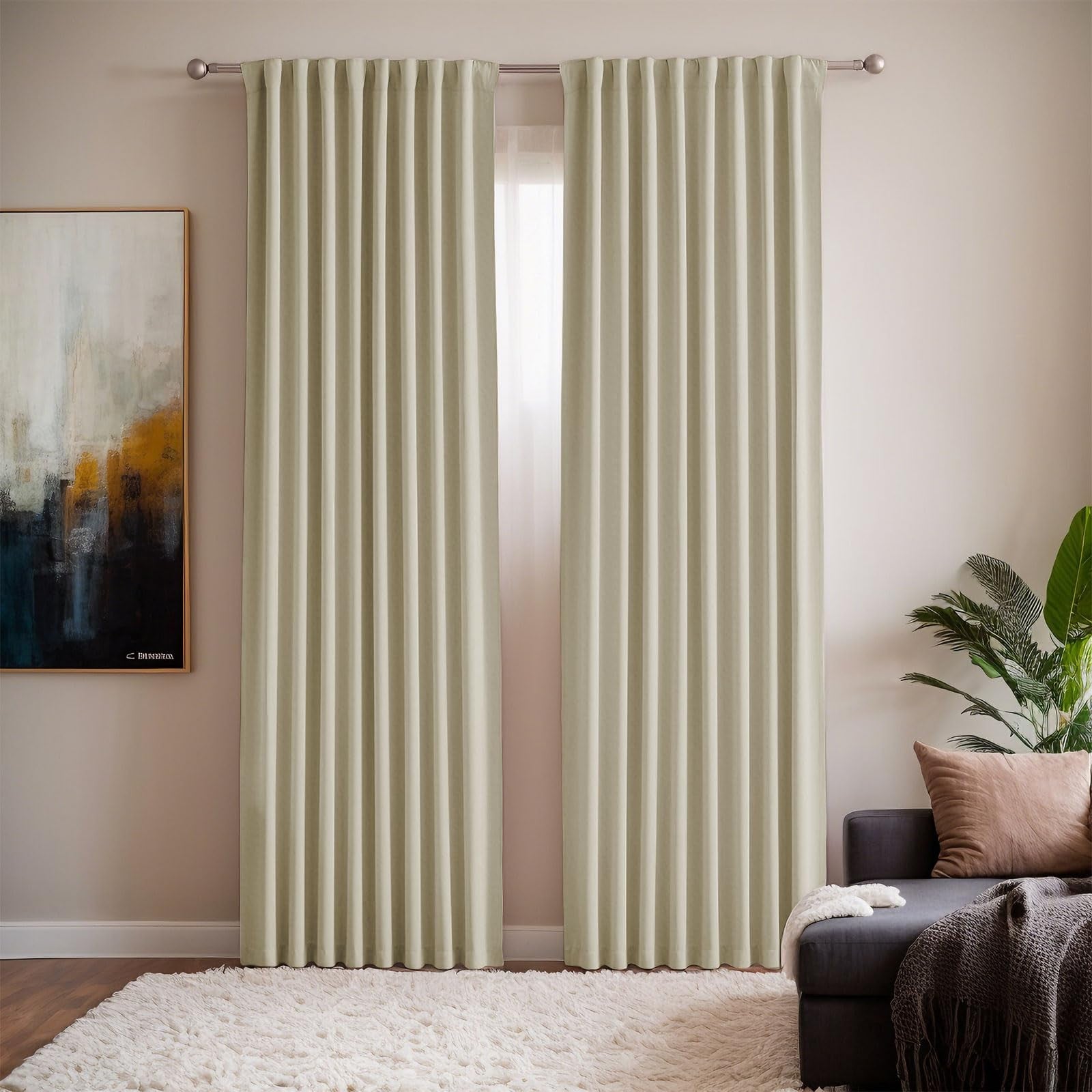 Beige and black blackout curtains for living room, 52 x 90 inches, set of 2 panels, by Grichril, hanging on a window.
