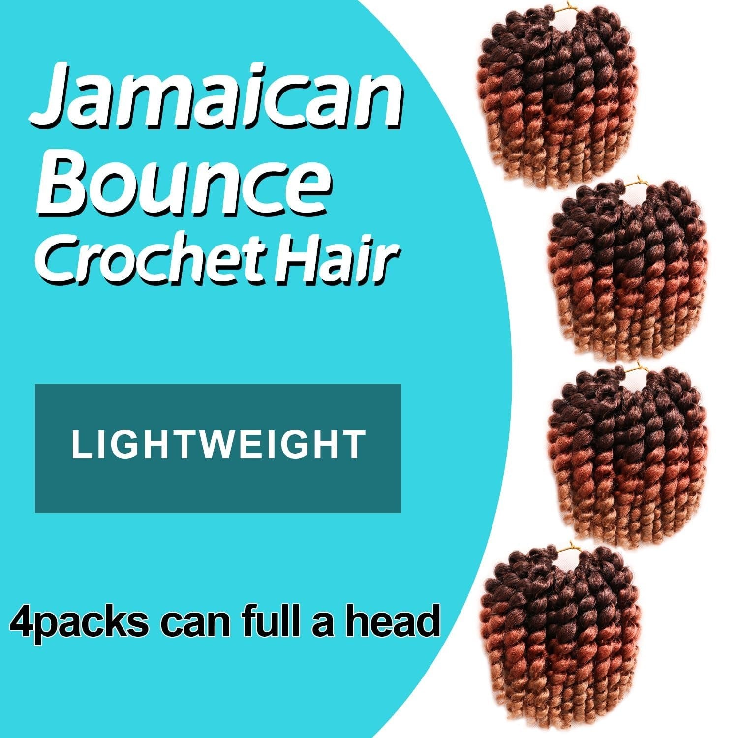 Kenkenten 8-inch Jamaican Bounce crochet hair with 22 curly strands, shown in four packs for natural curly crochet hairstyle.