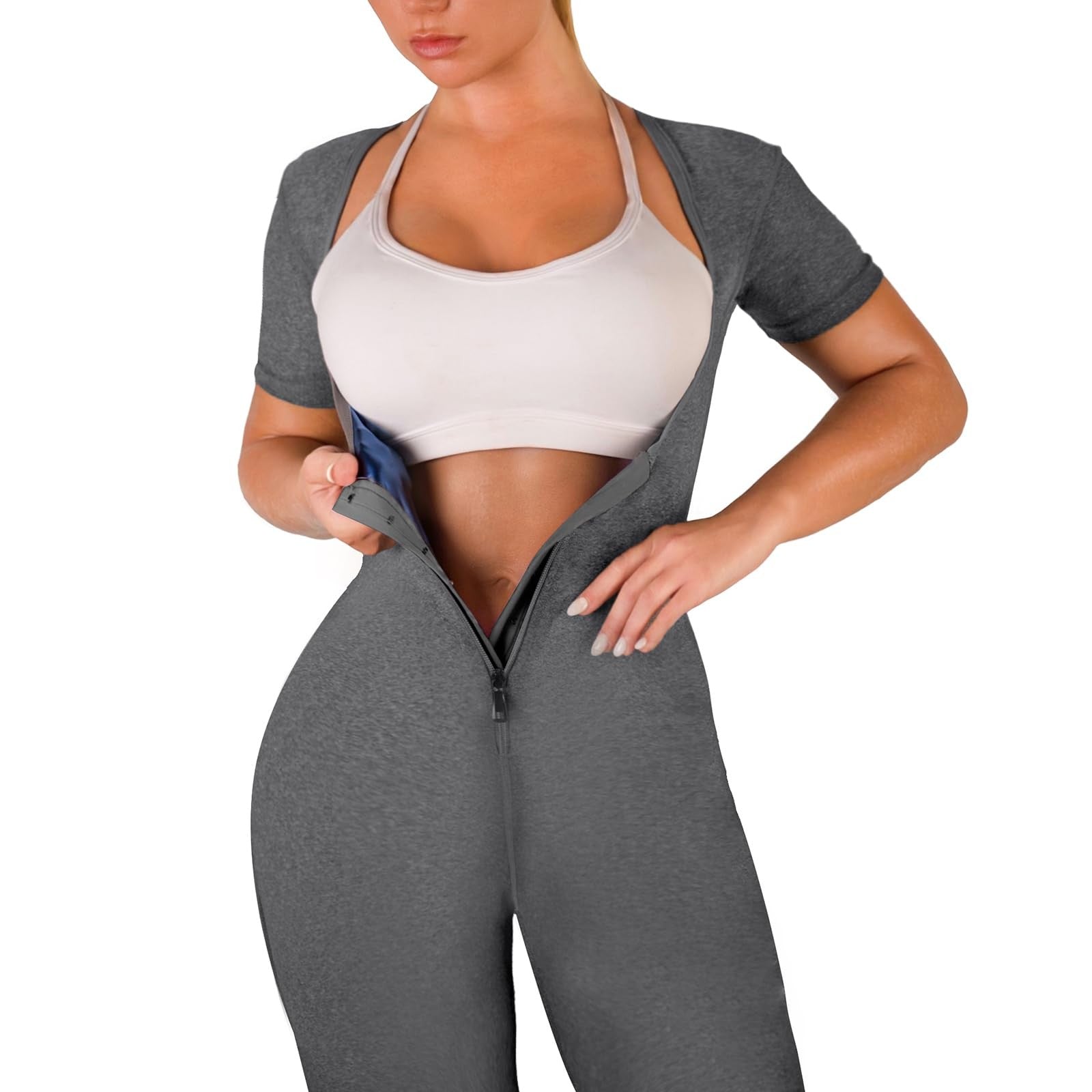 CEIUEO women sauna suit waist trainer 3-in-1 full body sweat jumpsuit, showing the black thermal workout jumpsuit on a model.