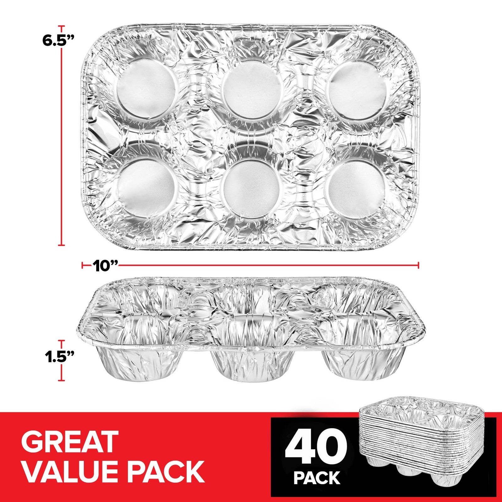 Stock Your Home 40-count disposable foil muffin tins with 6 cups, standard size, ideal for baking muffins and cupcakes.