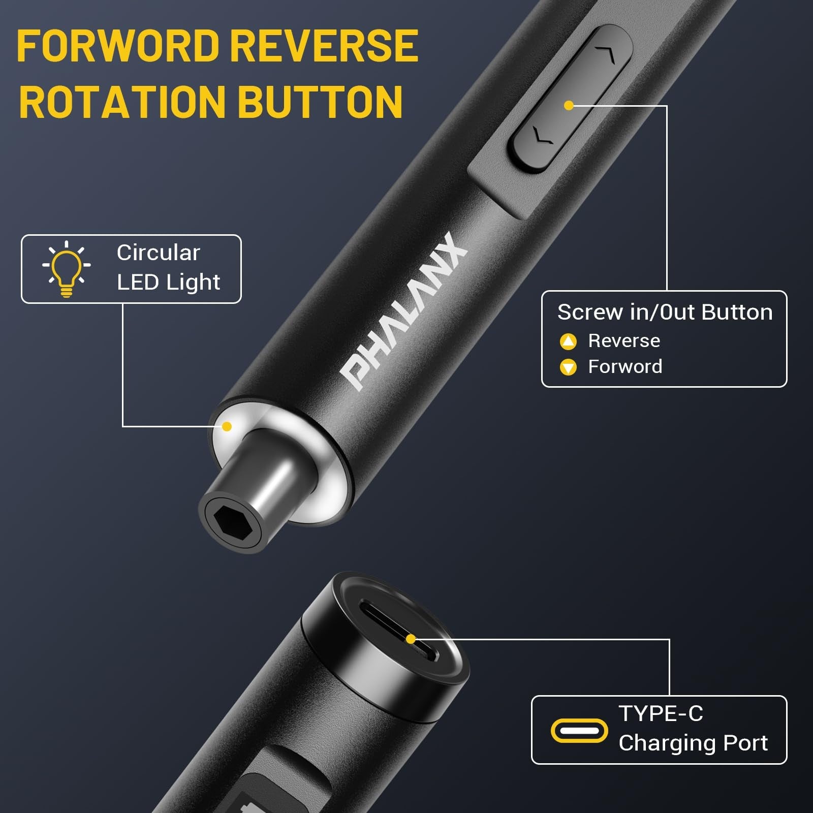 PHALANX Mini 3.7V electric screwdriver with precision 60-in-1 screwdriver set, showing various screwdriver bits and compact handle.