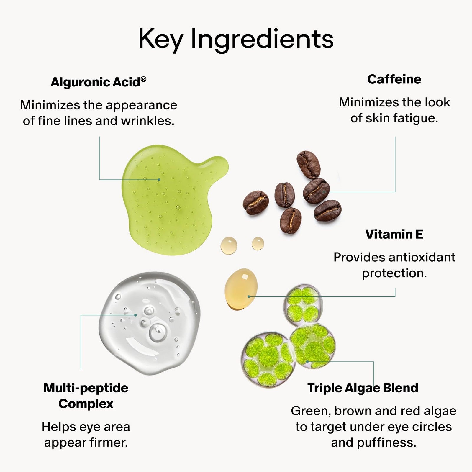 Algenist Triple Algae Eye Renewal Balm and Hydrating Vegan Eye Cream with caffeine and peptides for revitalized eye area.