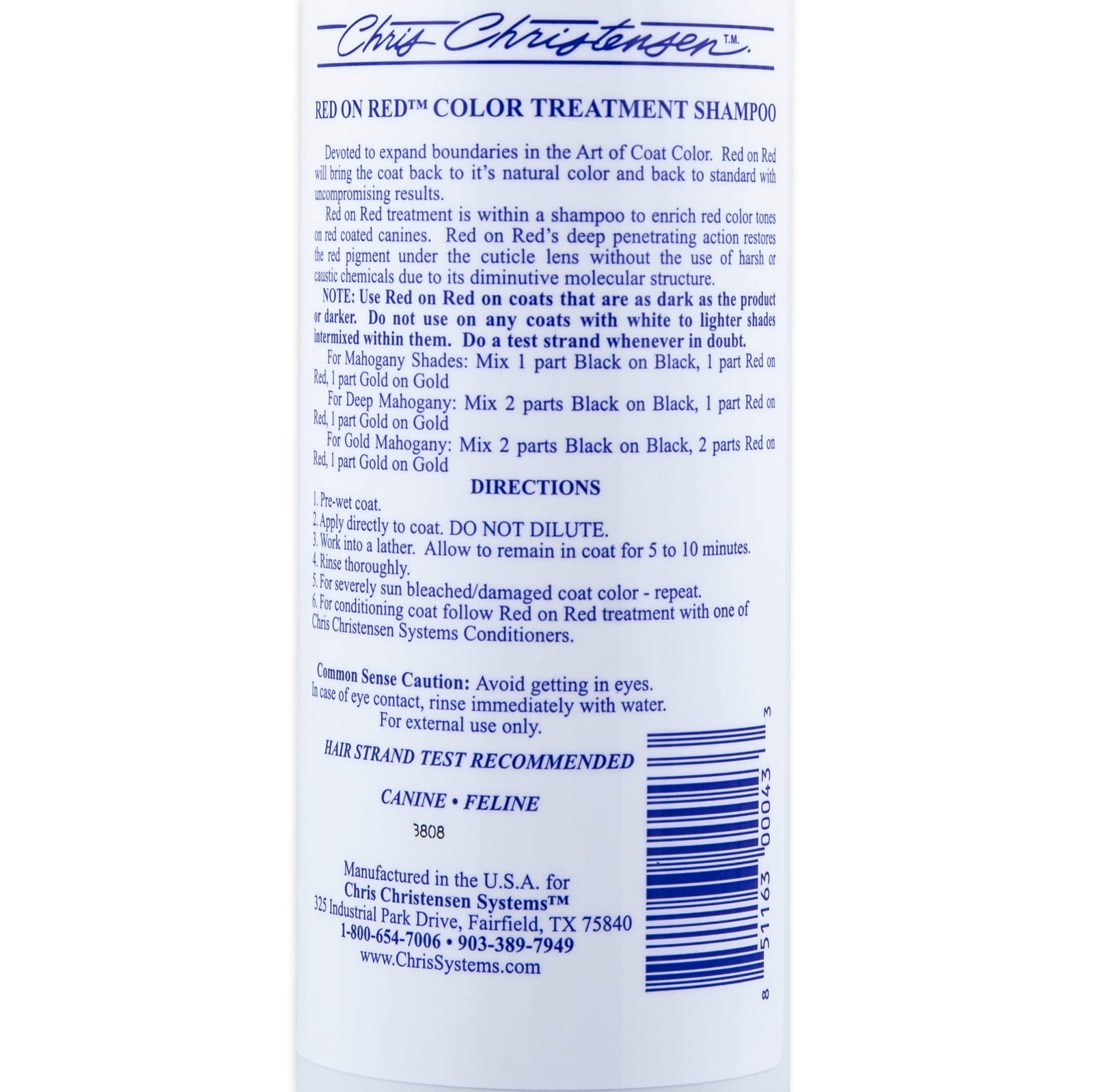 Chris Christensen Red on Red color treatment dog shampoo bottle in a clean white background.