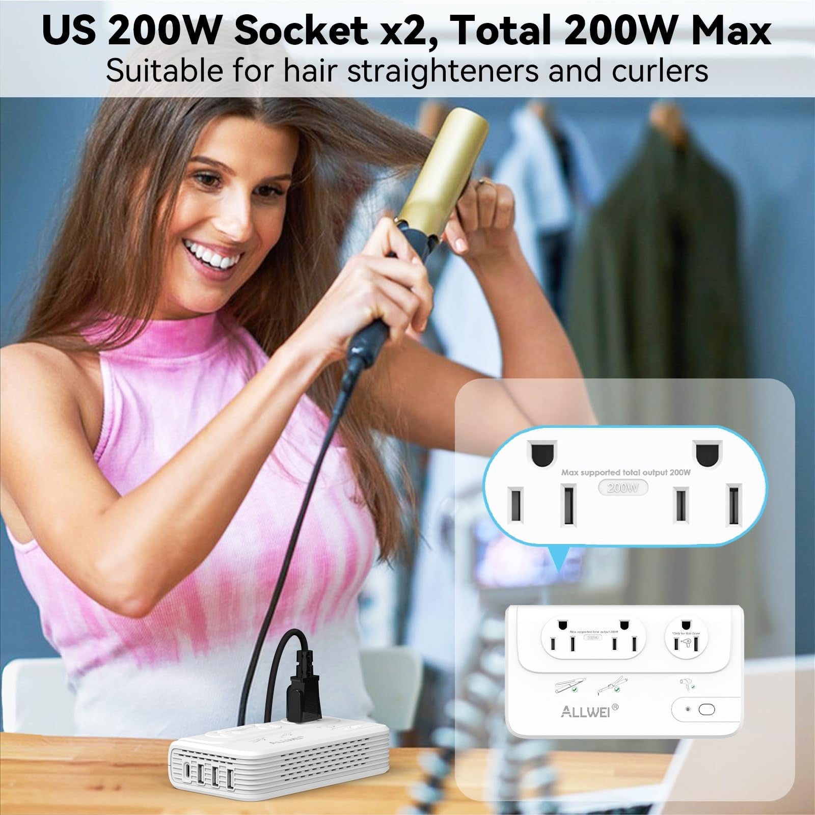 ALLWEI 2000W travel voltage converter for European travel, converts 220V to 110V, compact power adapter with control switches