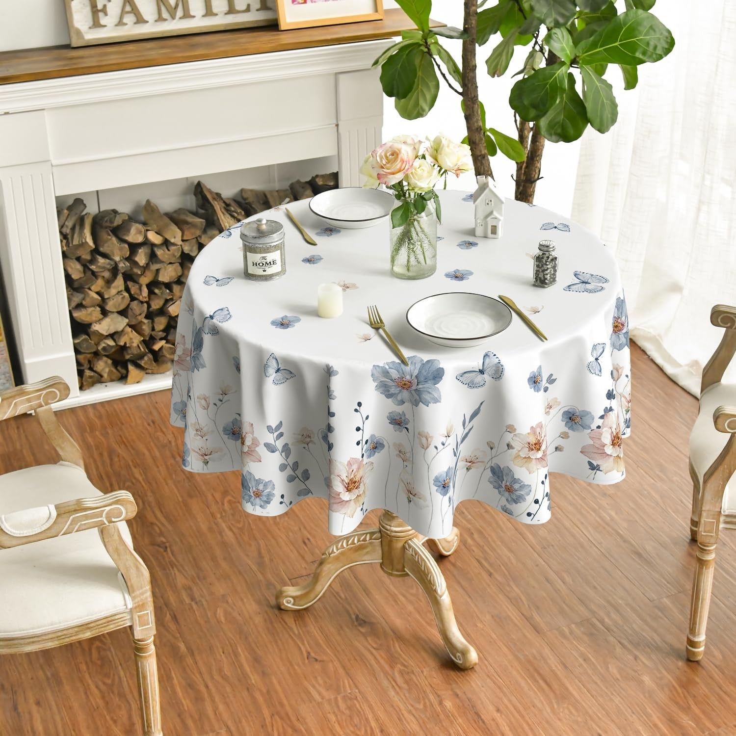 Horaldaily spring round tablecloth with watercolor flower pattern, 90x90 inches, washable and perfect for seasonal dining decor.
