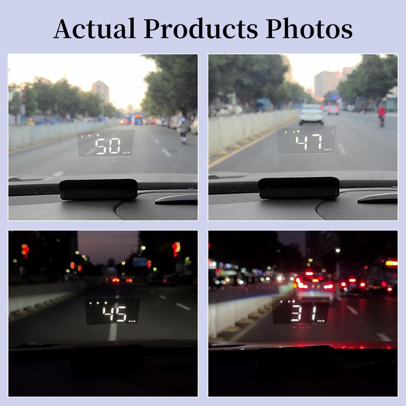 AZIJYV Heads Up Display for cars showing windshield speedometer projection in white, mounted on vehicle dashboard.
