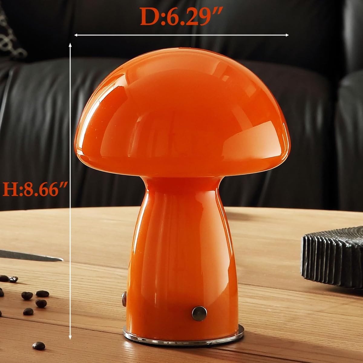 MIXL cute mushroom lamp with glass shade, small orange table light, emitting warm 3000K glow, ideal for cozy decor.