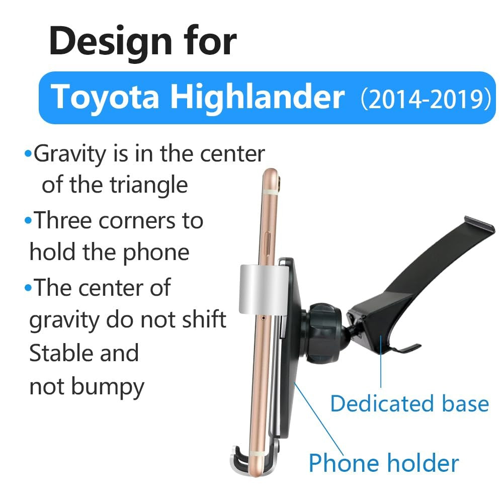 LUNQIN car phone holder mounted on a Toyota Highlander 2014-2019 dashboard, designed for secure smartphone use while driving.
